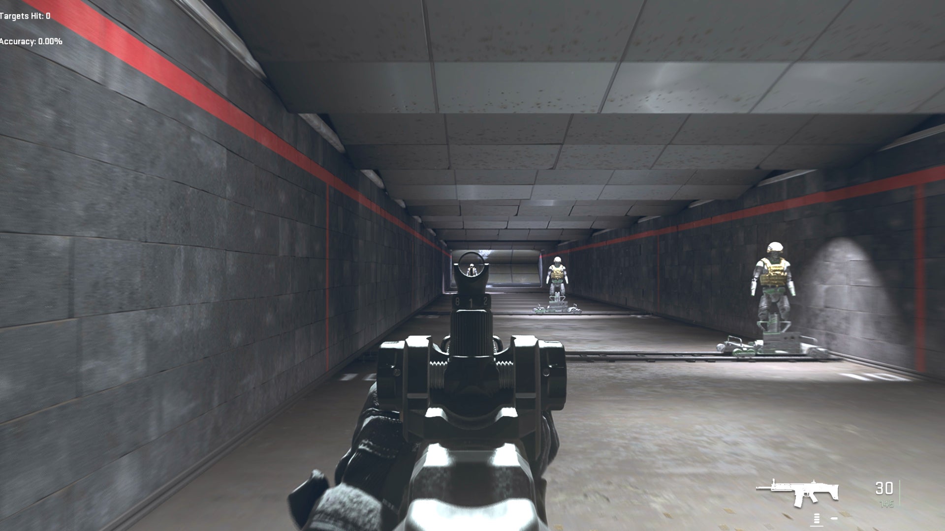 The player in Warzone 2.0 aims at a training dummy with the TAQ-56 ironsights.