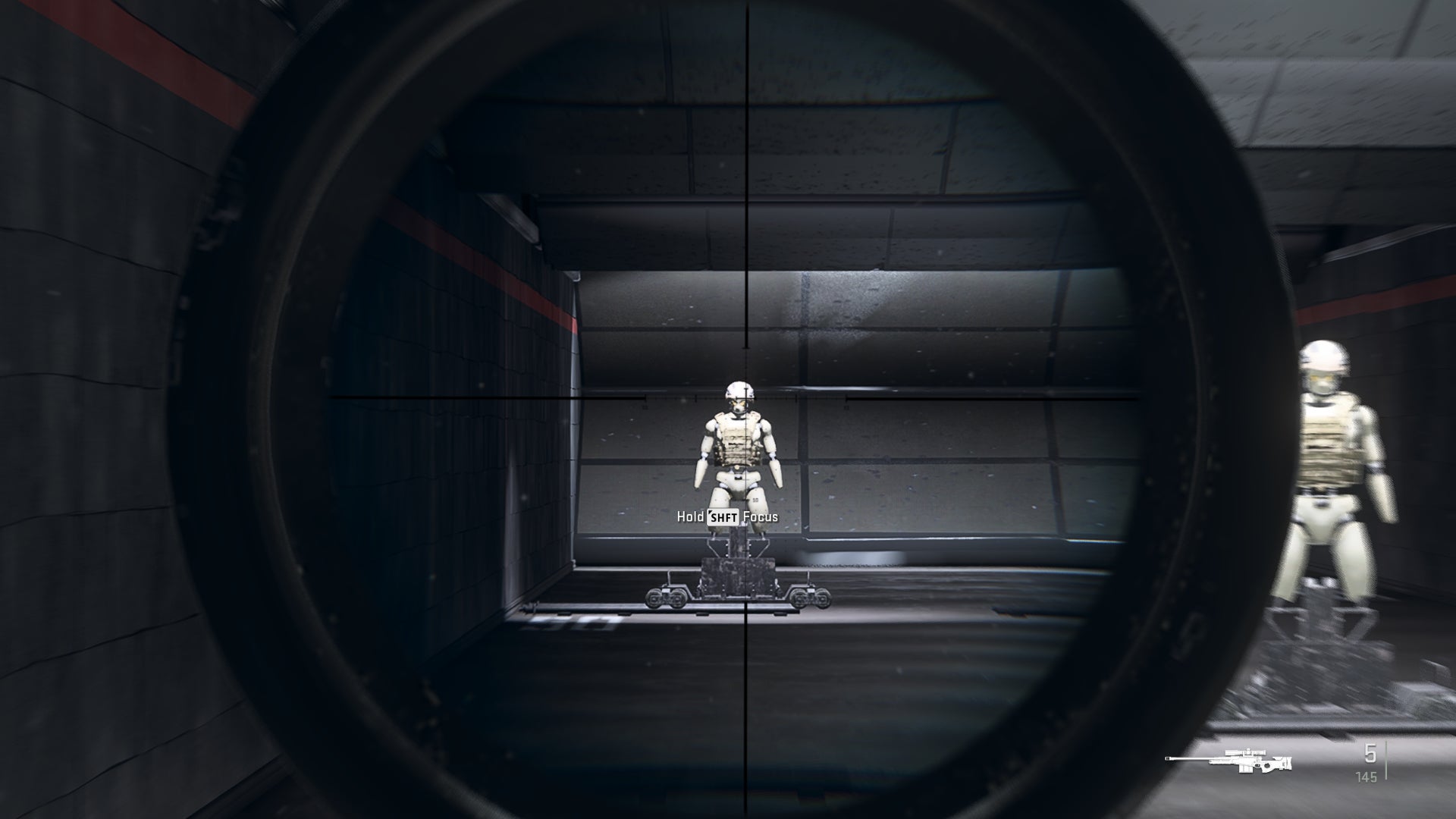 The player in Warzone 2.0 aims at a training dummy with the Victus XMR default scope.