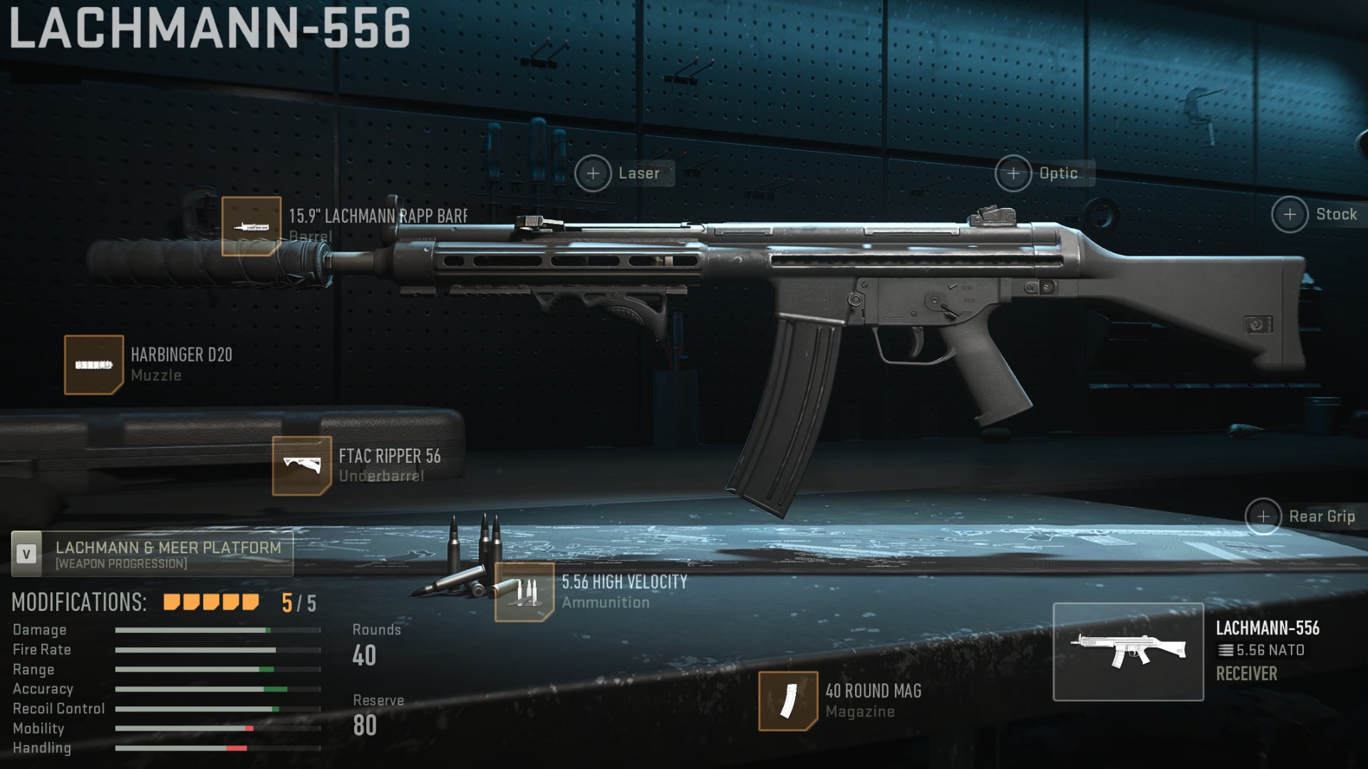 The Lachmann-556 in the Warzone 2 Gunsmith screen, with the attachments required for the best Lachmann-556 loadout applied.