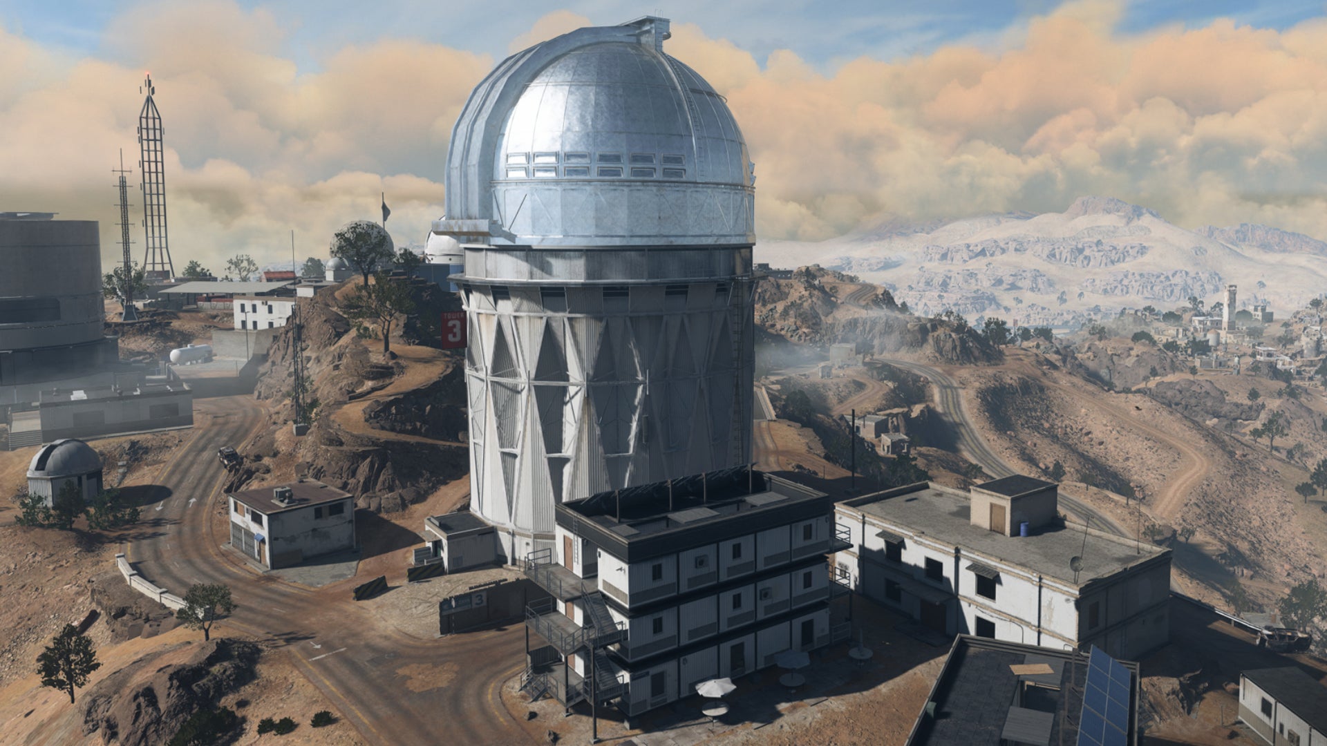 A bird's eye view of an observatory building in Al Mazrah, the Warzone 2.0 map.