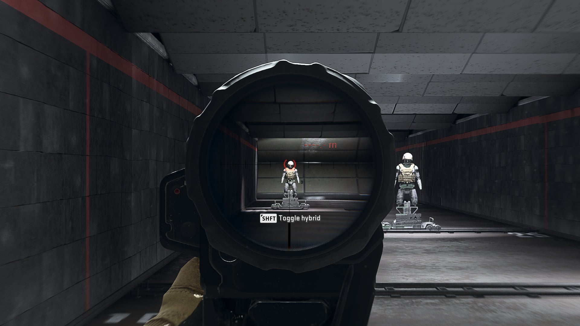 The player in Warzone 2.0 aims at a training dummy using the Angel-40 4 8x optic attachment.