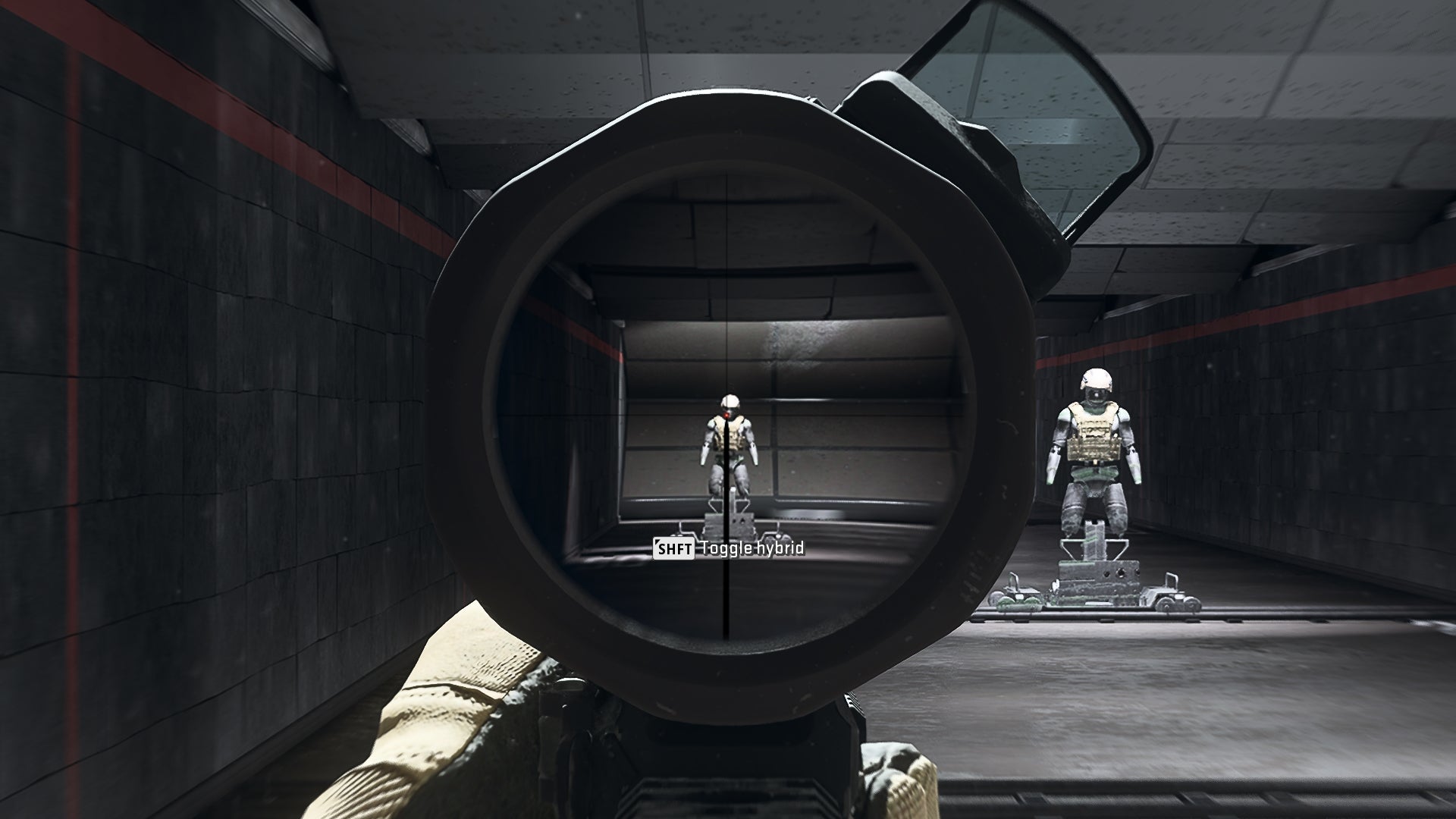 The player in Warzone 2.0 aims at a training dummy using the Ares Clear Shot optic attachment.