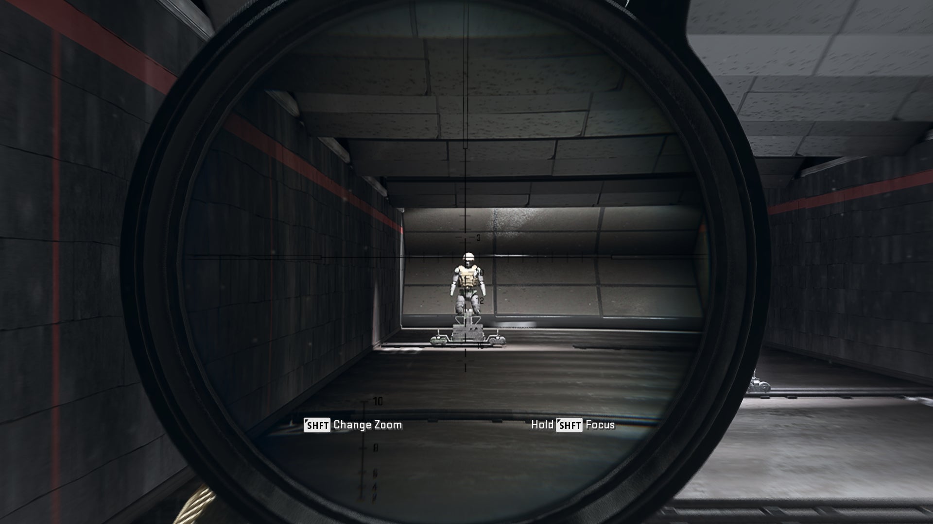 The player in Warzone 2.0 aims at a training dummy using the Corio 13X VRS optic attachment.