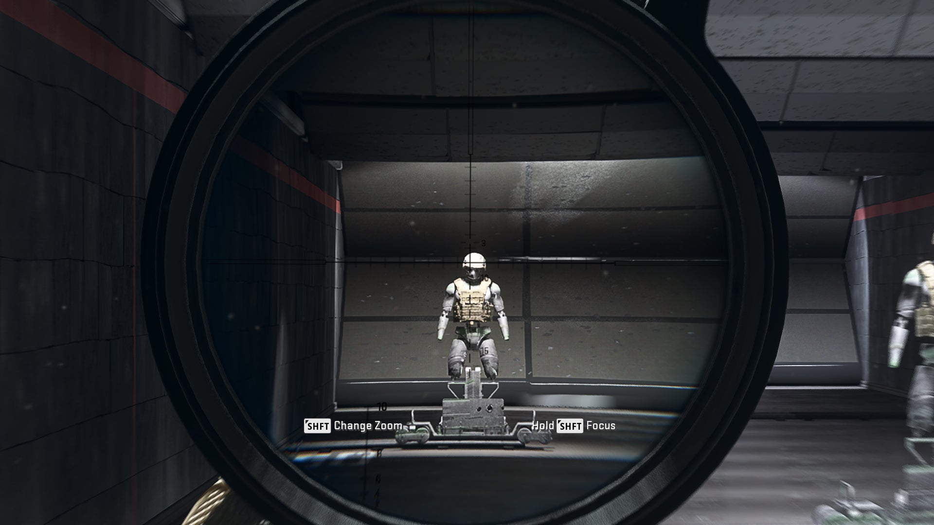 The player in Warzone 2.0 aims at a training dummy using the Corio 13x VRS optic attachment.