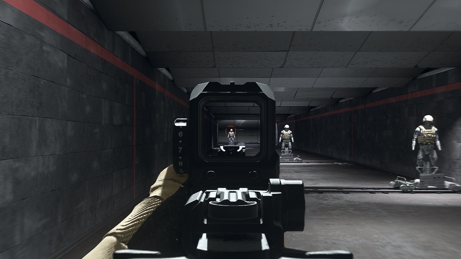 The player in Warzone 2.0 aims at a training dummy using the Corvus Downrange-00 optic attachment.