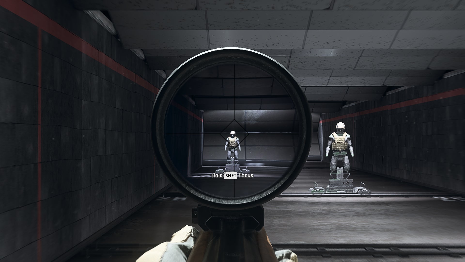 The player in Warzone 2.0 aims at a training dummy using the Daunt C80 optic attachment.