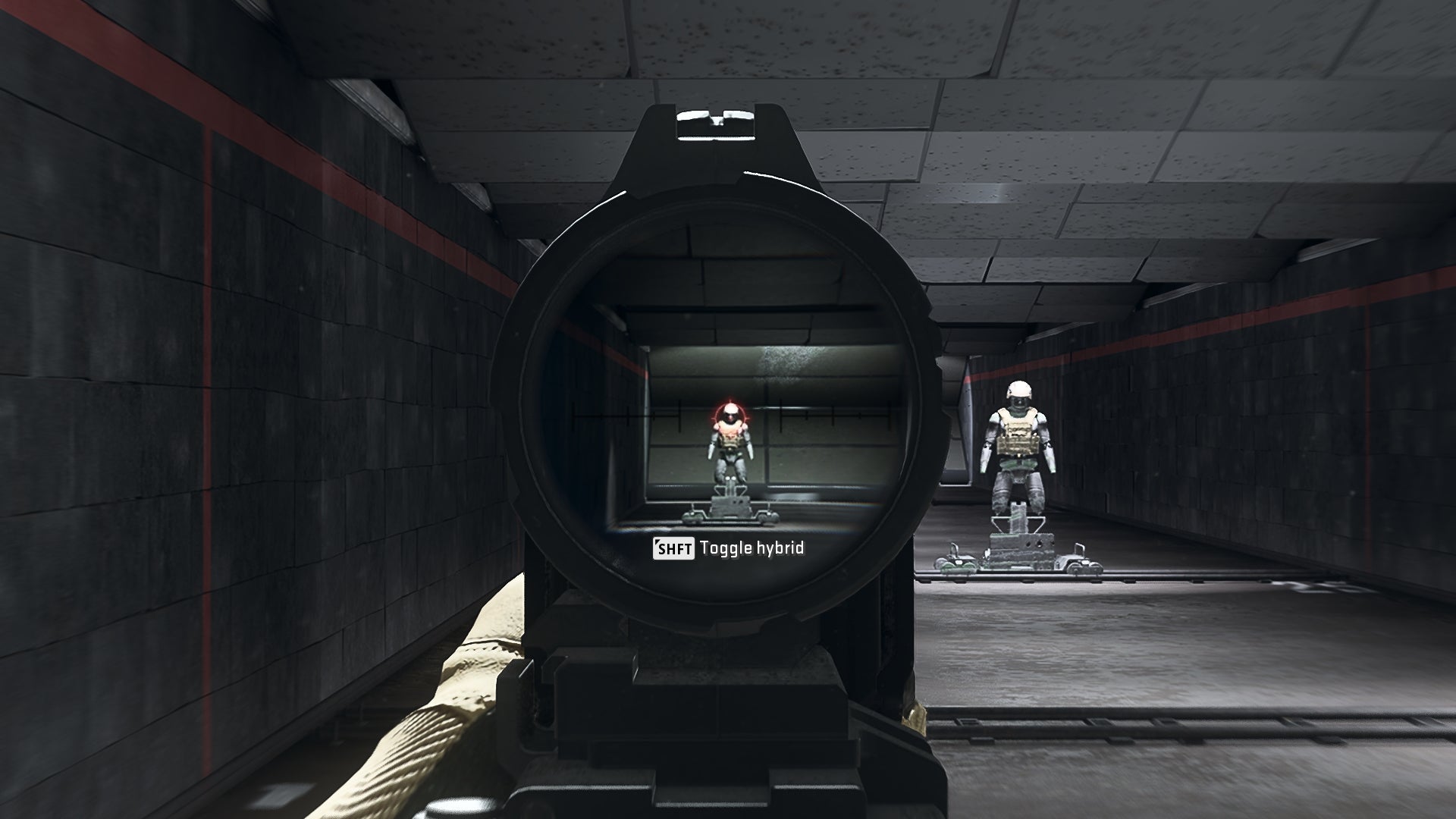 The player in Warzone 2.0 aims at a training dummy using the DR582 Hybrid Sight optic attachment.