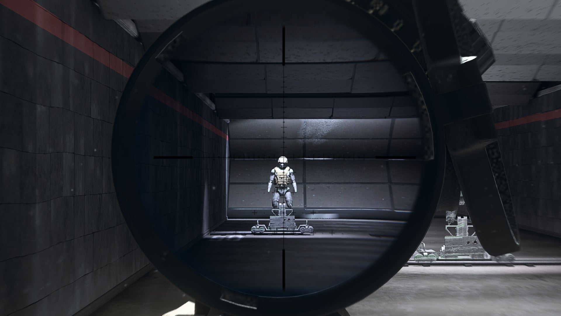 The player in Warzone 2.0 aims at a training dummy using the DXS Coriolis v4 optic attachment.