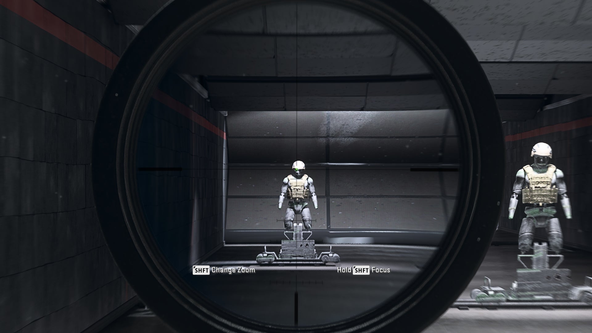The player in Warzone 2.0 aims at a training dummy using the FTAC Locus SP optic attachment.