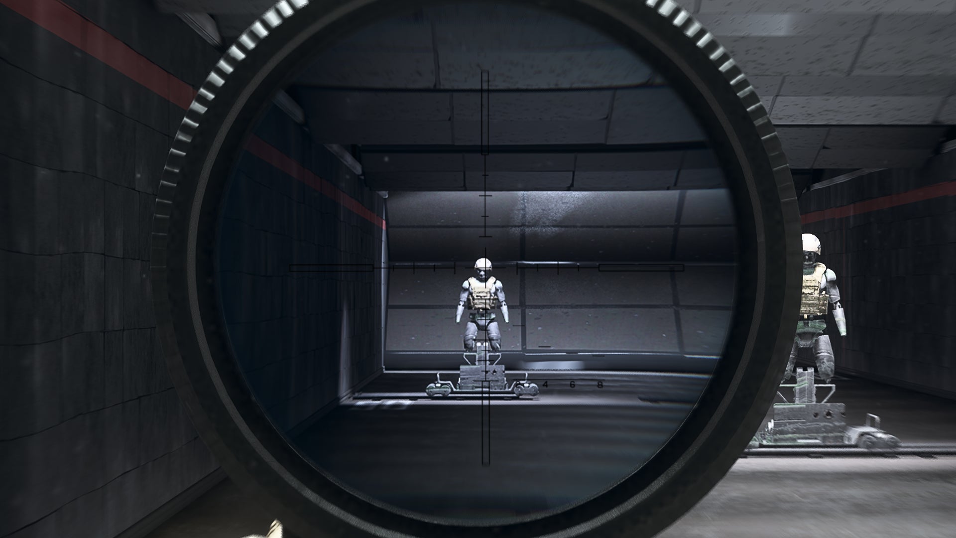 The player in Warzone 2.0 aims at a training dummy using the Lachmann Impact 9 optic attachment.