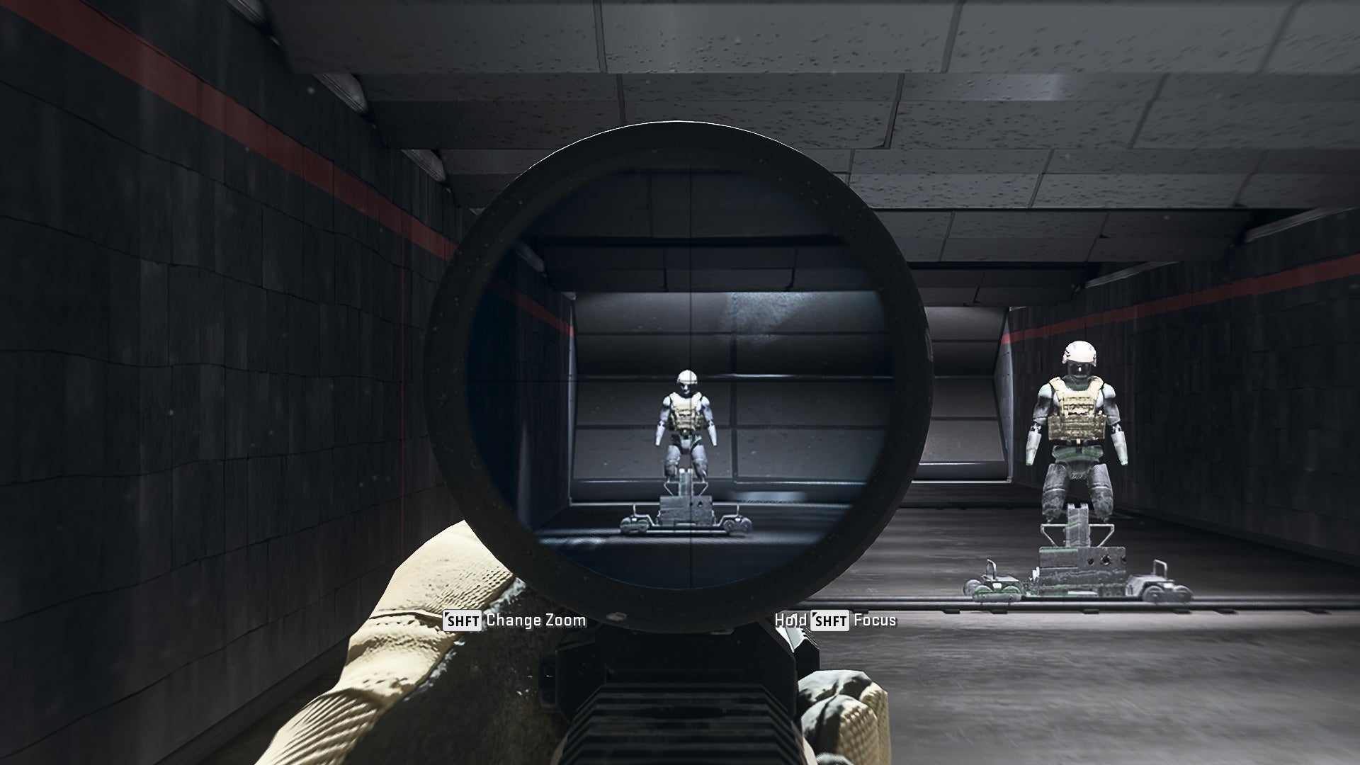 The player in Warzone 2.0 aims at a training dummy using the Luca Bandera Scope optic attachment.
