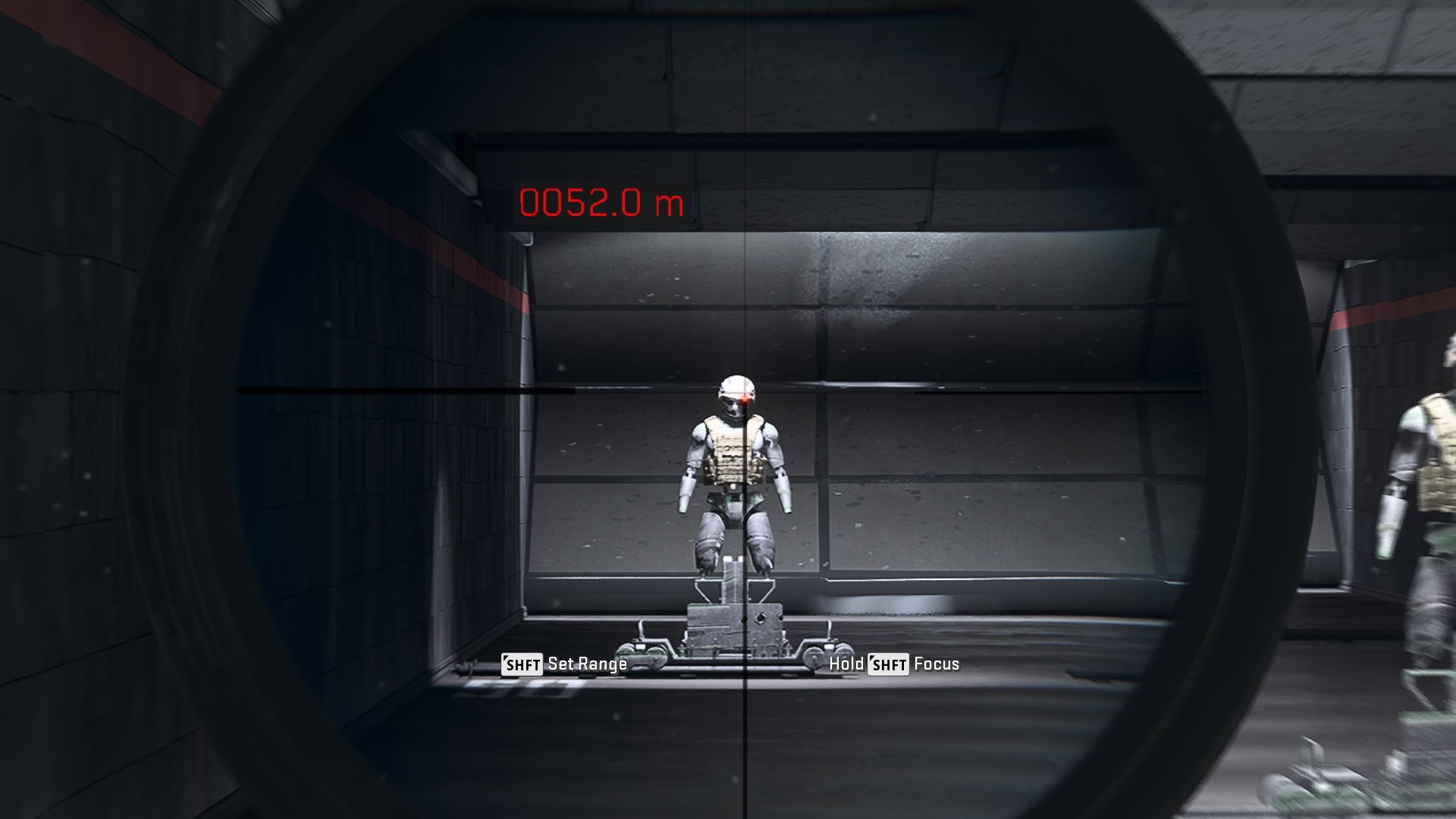 The player in Warzone 2.0 aims at a training dummy using the Raptor FVM40 optic attachment.