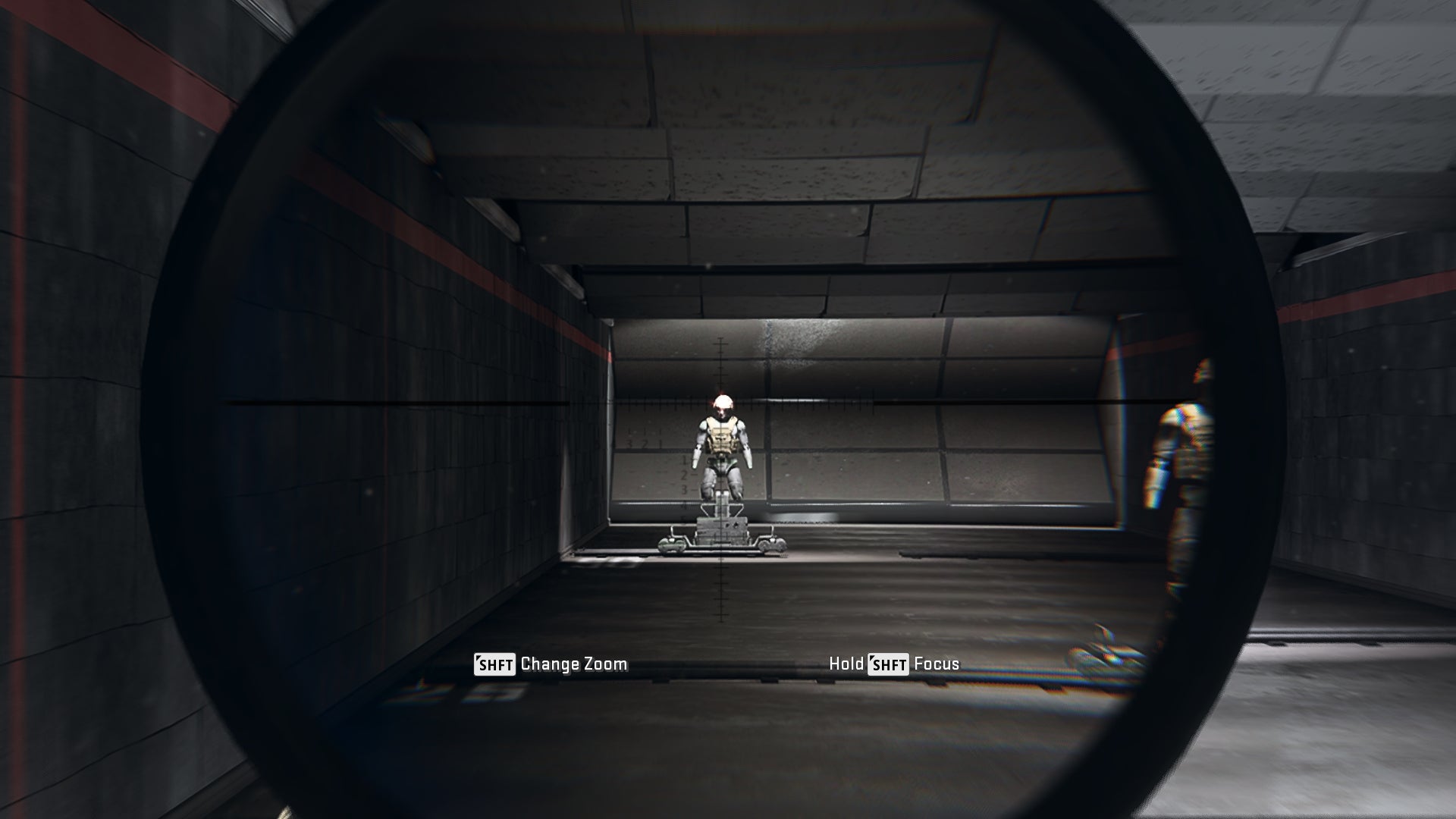 The player in Warzone 2.0 aims at a training dummy using the Signal 50 8x optic attachment.
