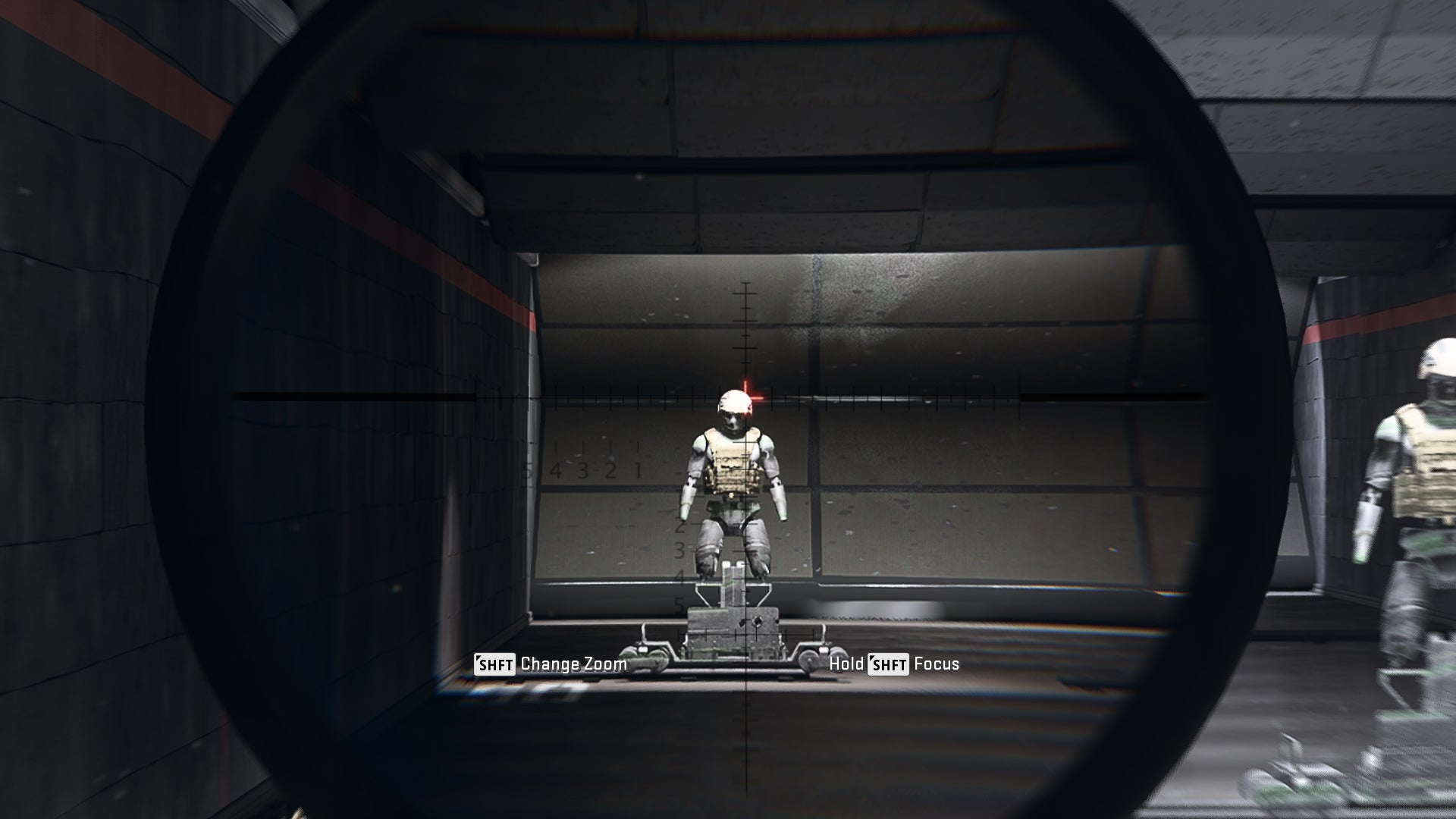 The player in Warzone 2.0 aims at a training dummy using the Signal 50 8x optic attachment.