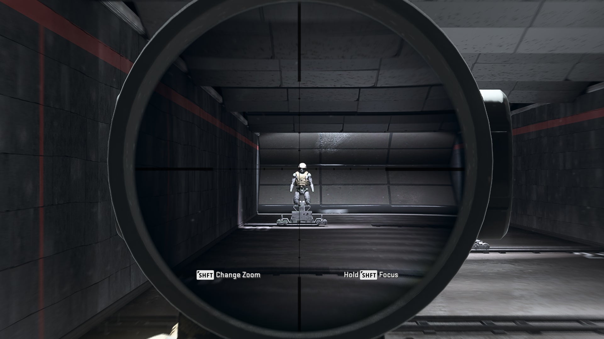 The player in Warzone 2.0 aims at a training dummy using the SP-X 80 6.6x optic attachment.