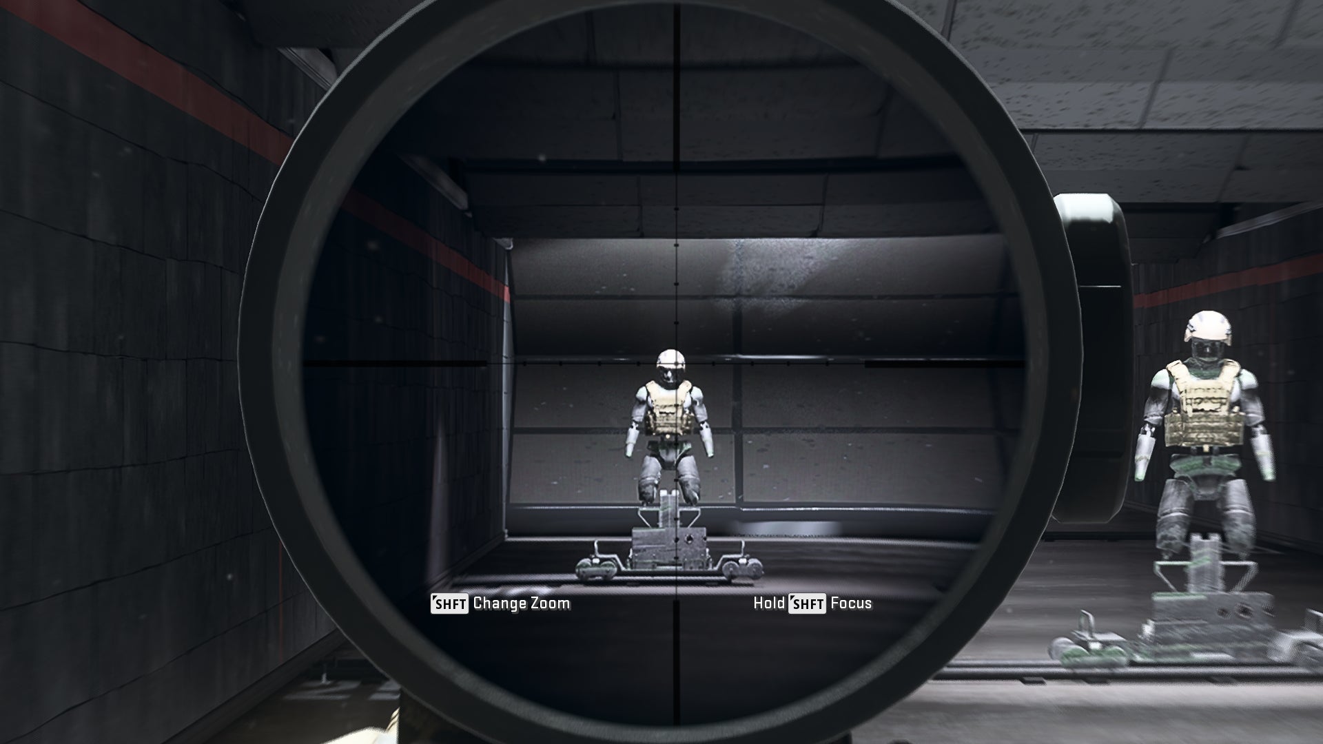 The player in Warzone 2.0 aims at a training dummy using the SP-X 80 6.6x optic attachment.
