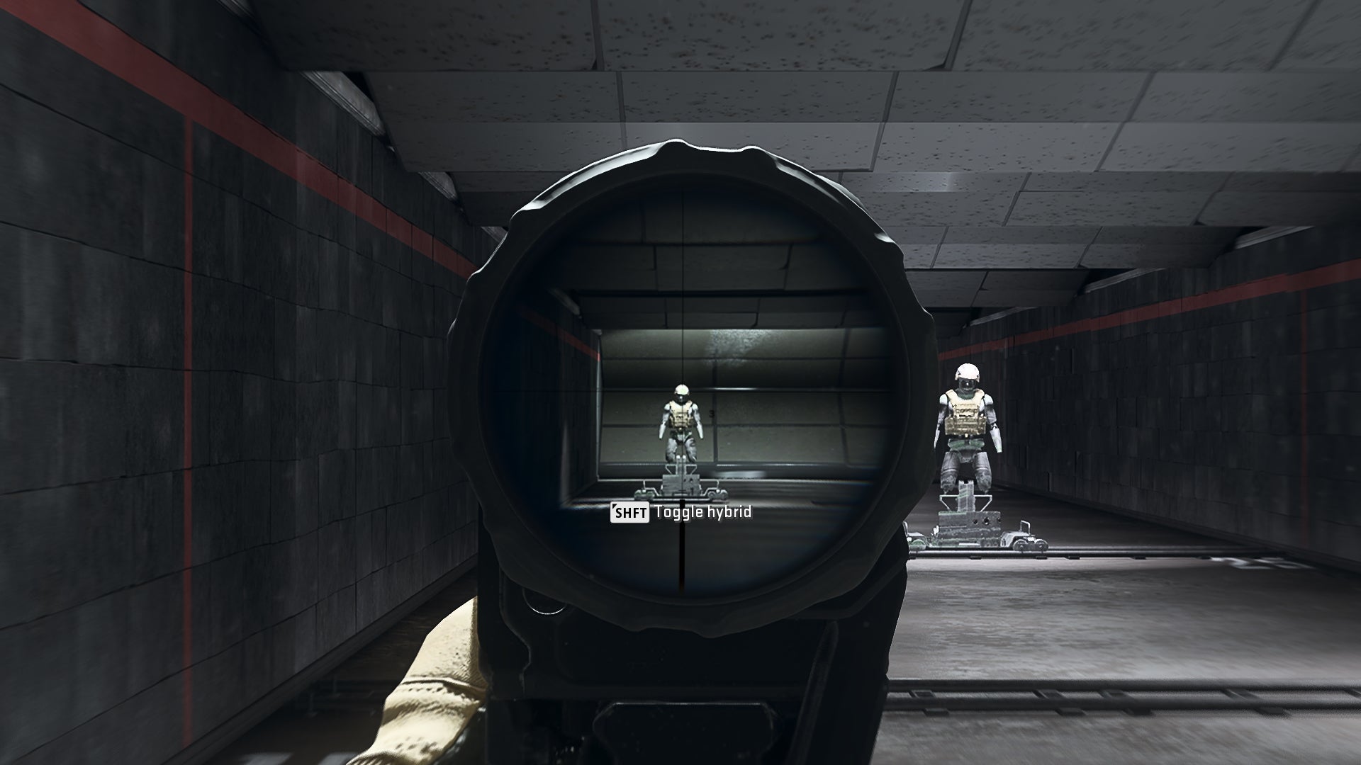 The player in Warzone 2.0 aims at a training dummy using the SZ Vortex 90 optic attachment.