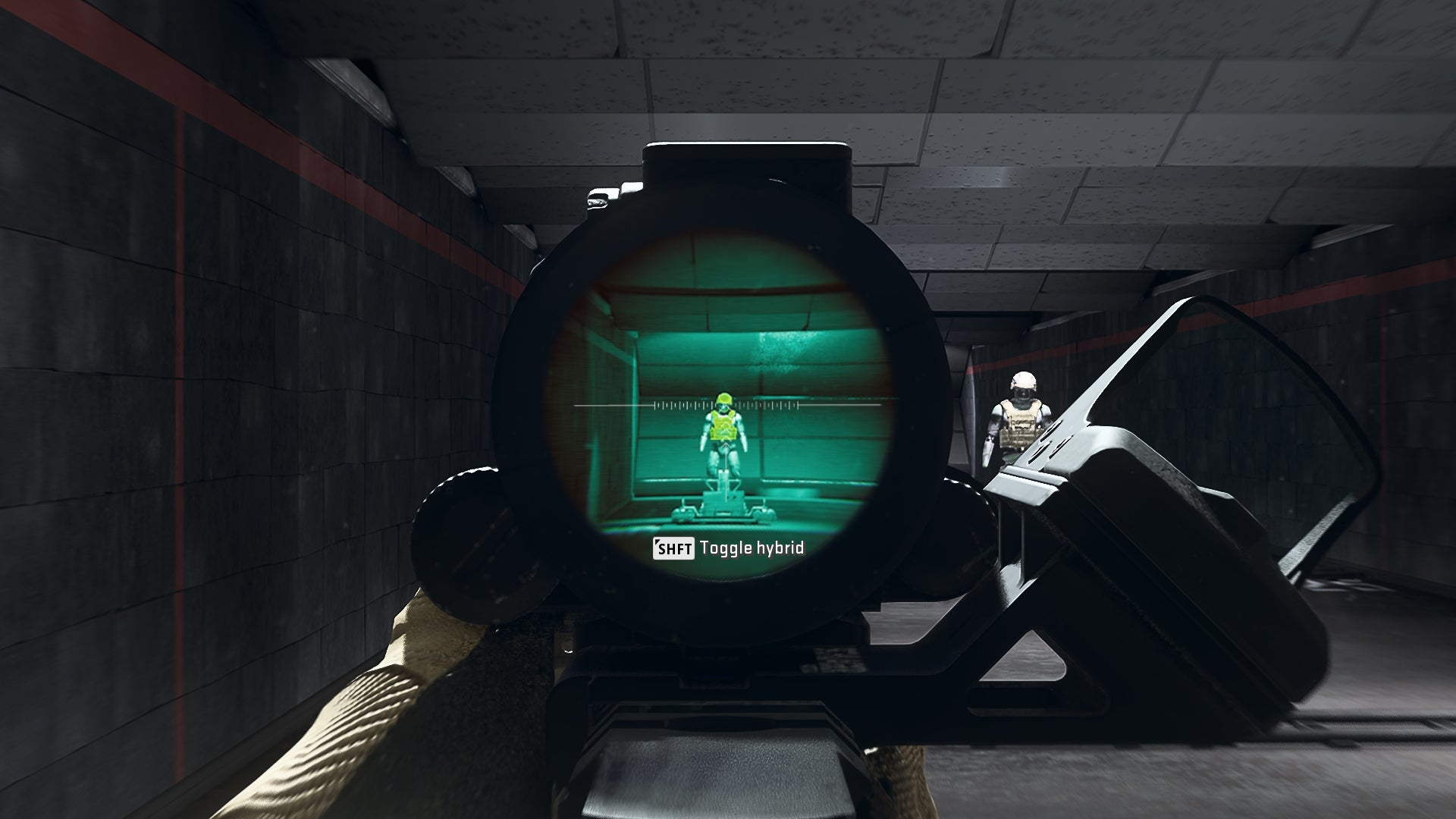 The player in Warzone 2.0 aims at a training dummy using the Teplo Clear Shot optic attachment.