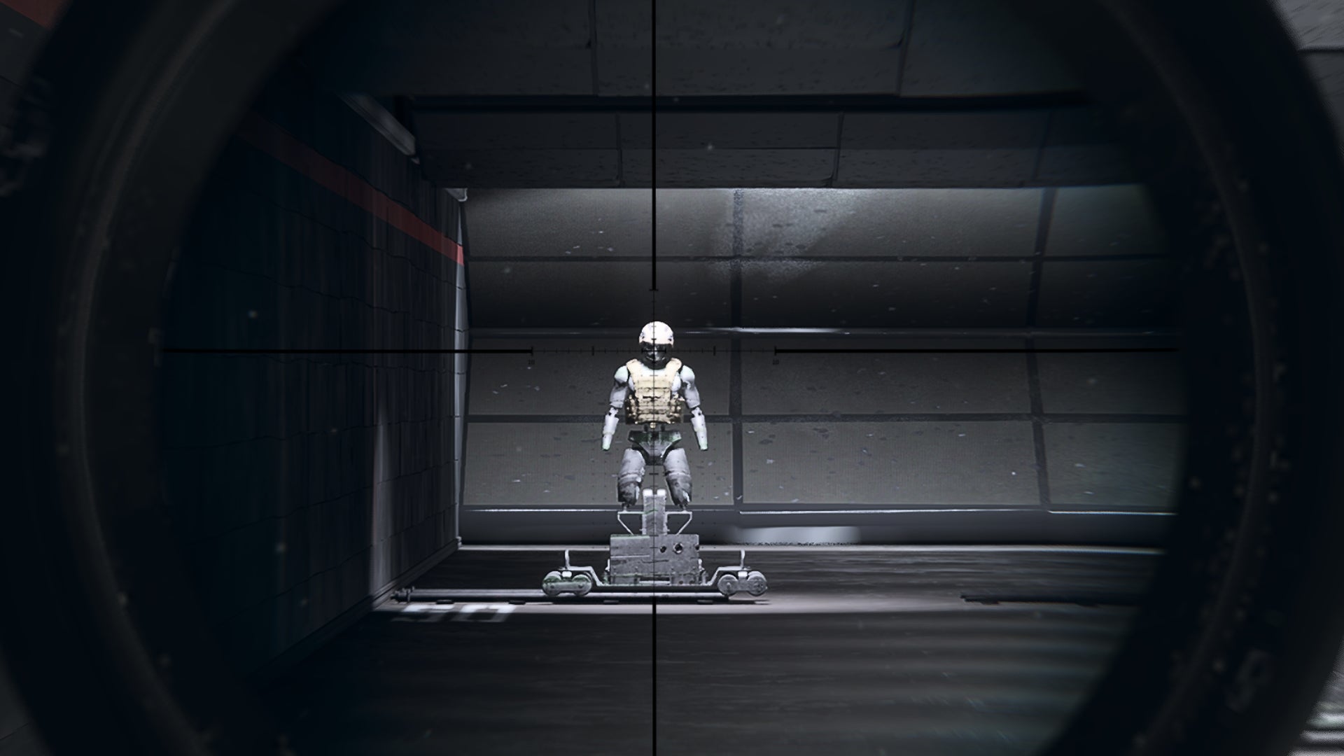 The player in Warzone 2.0 aims at a training dummy using the Victus 13x optic attachment.