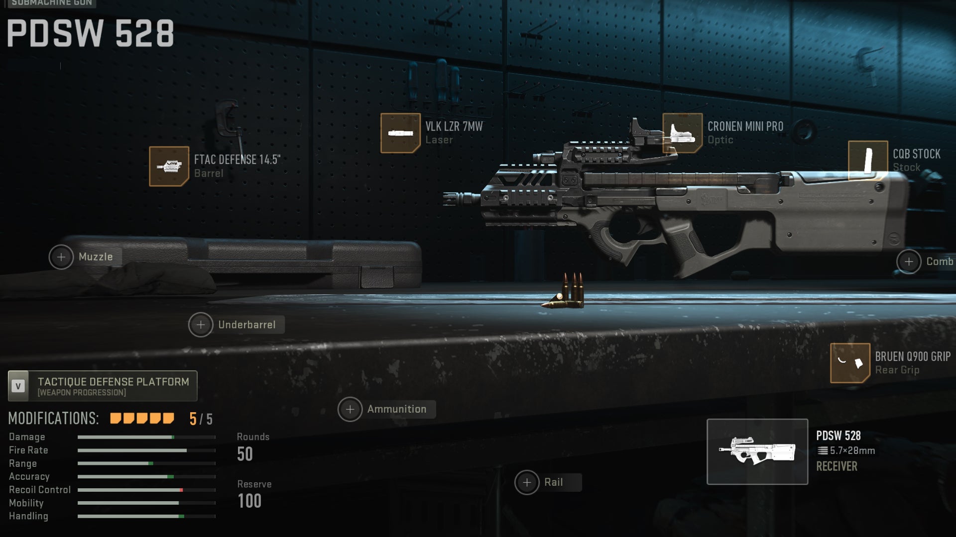 The PDSW 528 in the Warzone 2 Gunsmith screen, with all the attachments for the best loadout applied.