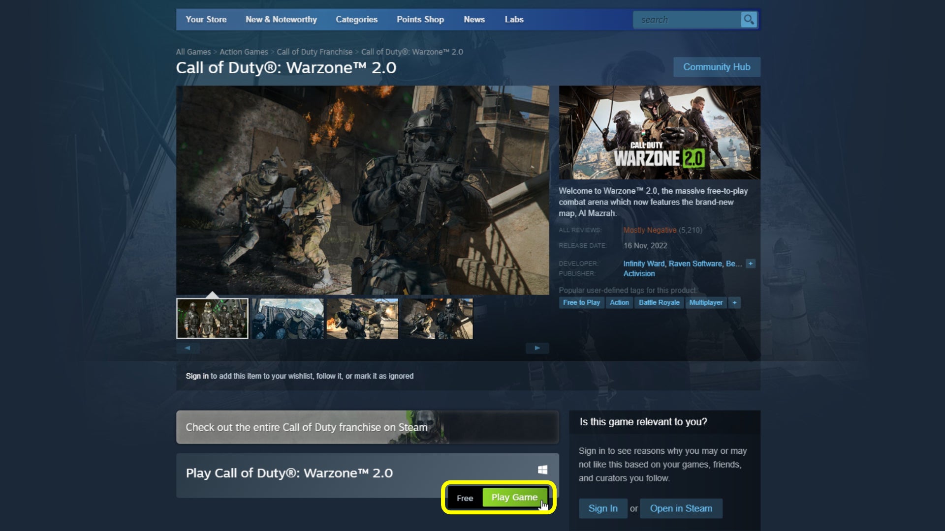 The Warzone 2 Steam page, with the Play Game button highlighted.