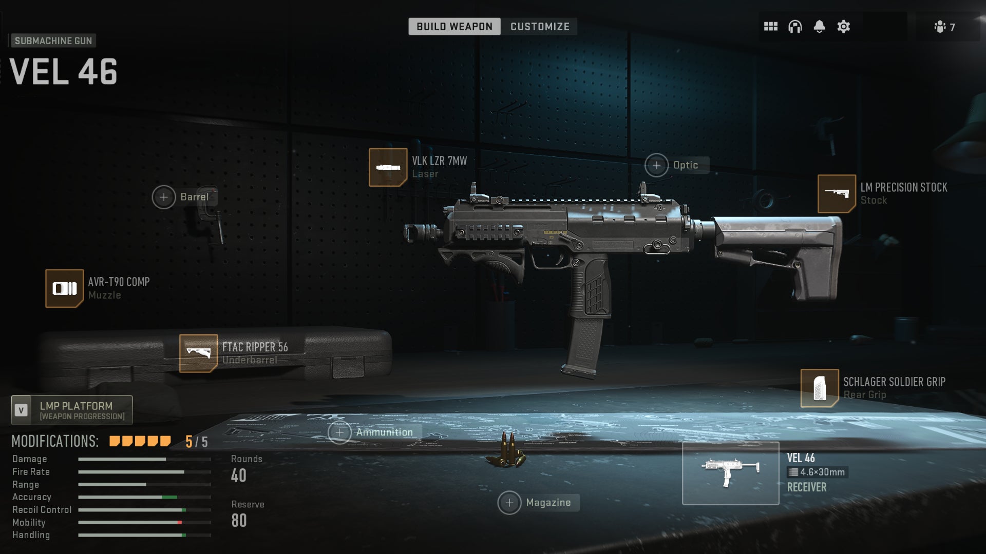 The Vel 46 SMG in the Warzone 2 gunsmith screen, with the attachments for our best Vel 46 loadout applied.