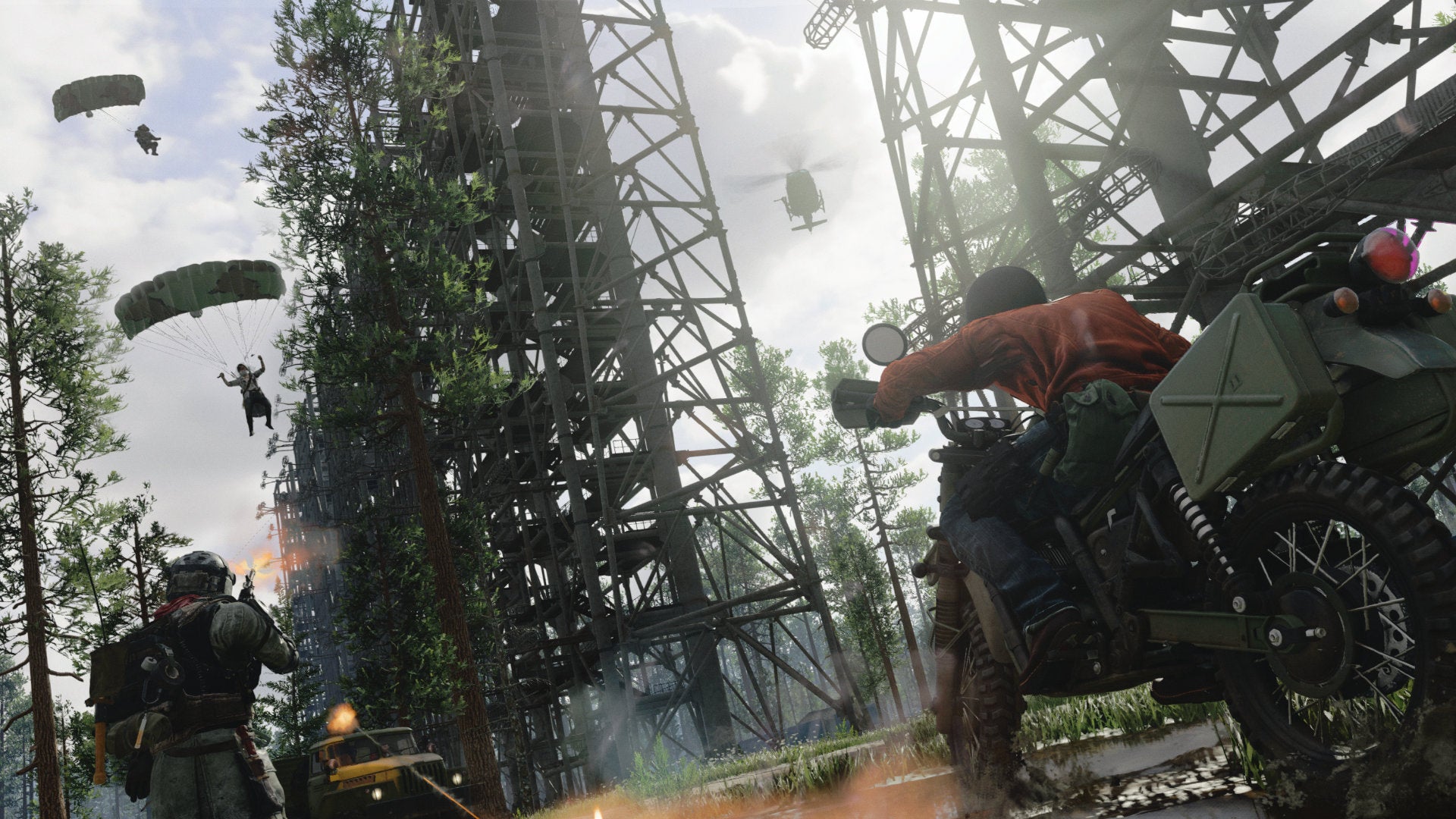 Dirt bikes and parachutes near the Verdansk Array in Call of Duty: Warzone