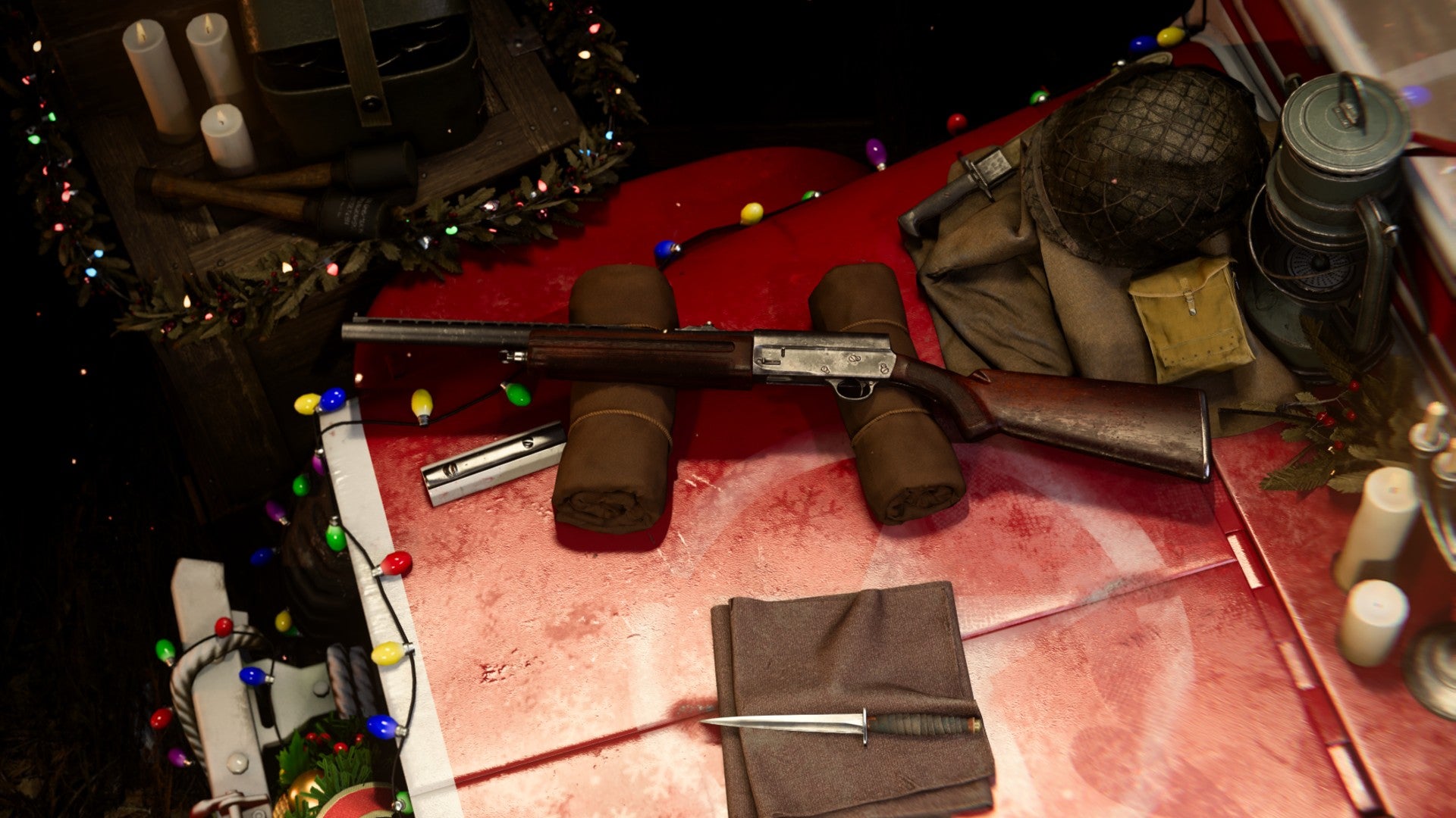 Gracey Auto shotgun placed on a crate, surrounded by festive lights and decorations