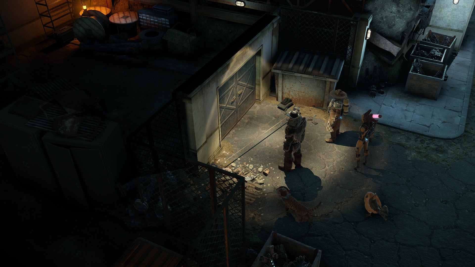 Wasteland 3 Battle Of Steeltown - Two characters stand outside a steel door with cat and chicken animal companions.