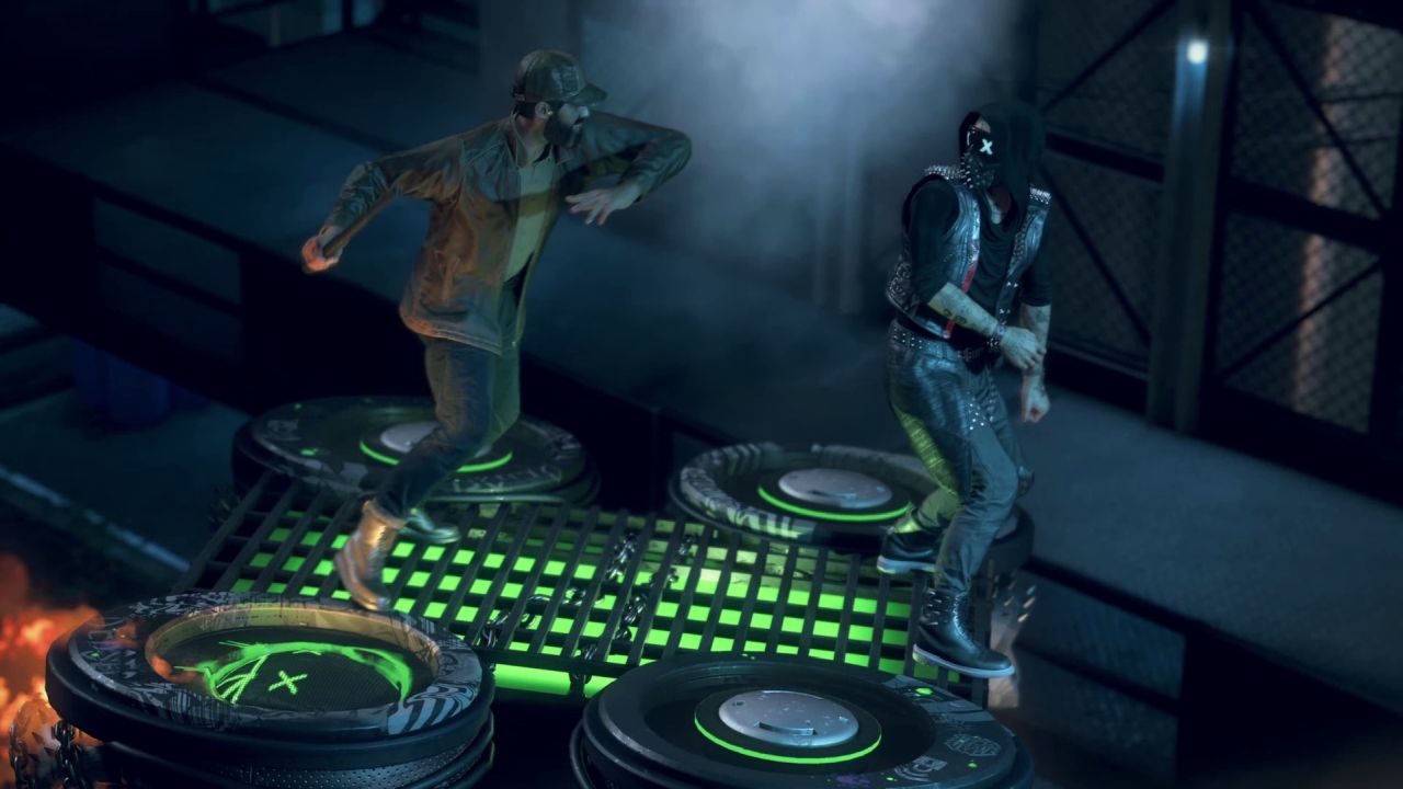 Aiden Pearce and Wrench fight on top of a large drone in Watch Dogs Legion Bloodline