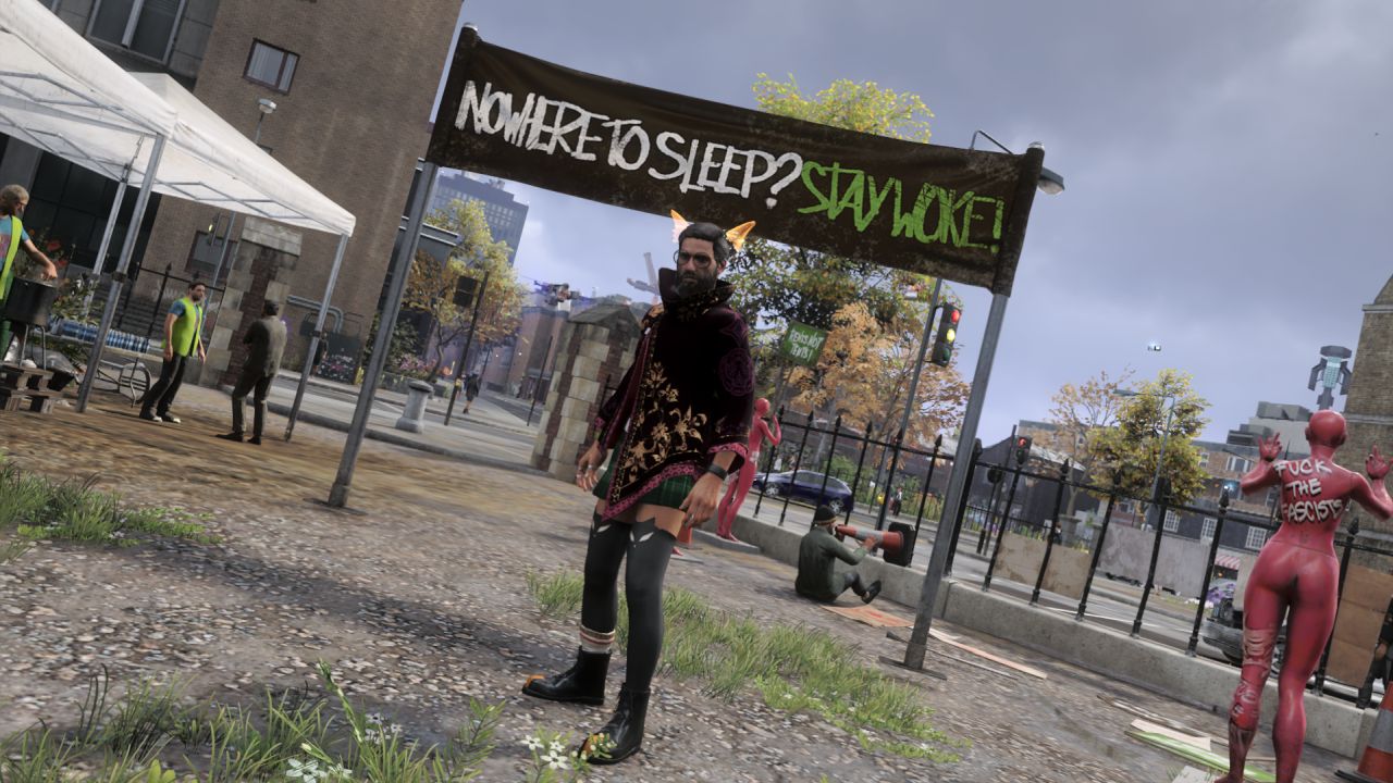 A man stands in front of a sign saying "Stay Woke" in Watch Dogs Legion Bloodline