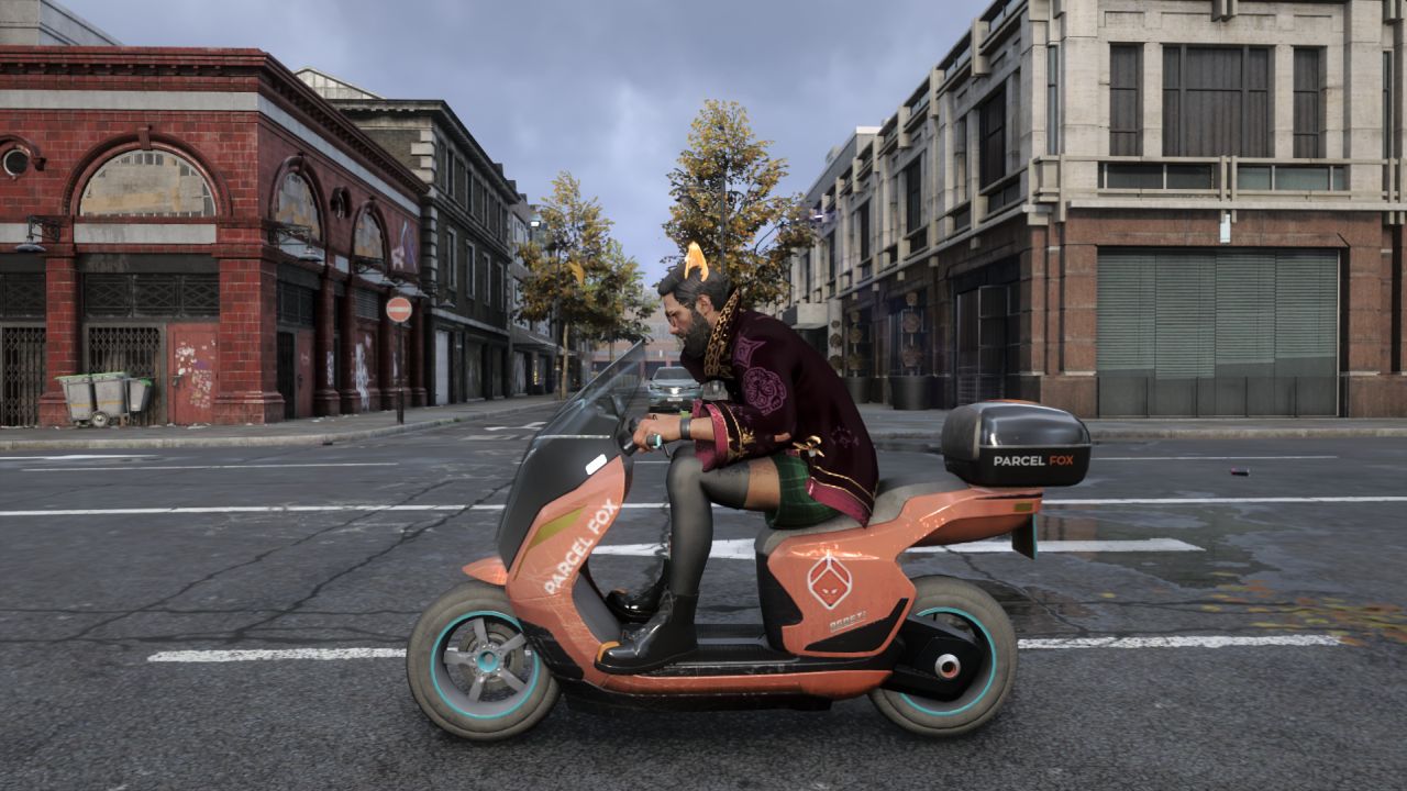 A side on view of a man in fishnet stockings and cat girl ears riding a scooter in Watch Dogs Legion Bloodline
