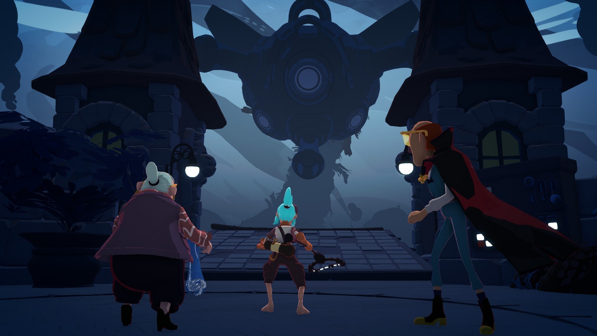 The protagonist and two of her family members facing down a big sea monster in Wavetale