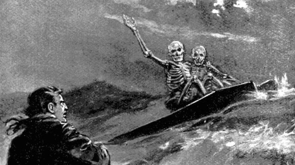 Two skeletons riding in a coffin on the sea wave at a startled man in an illustration from 'The Story Hunter or Tales of the weird and wild'.