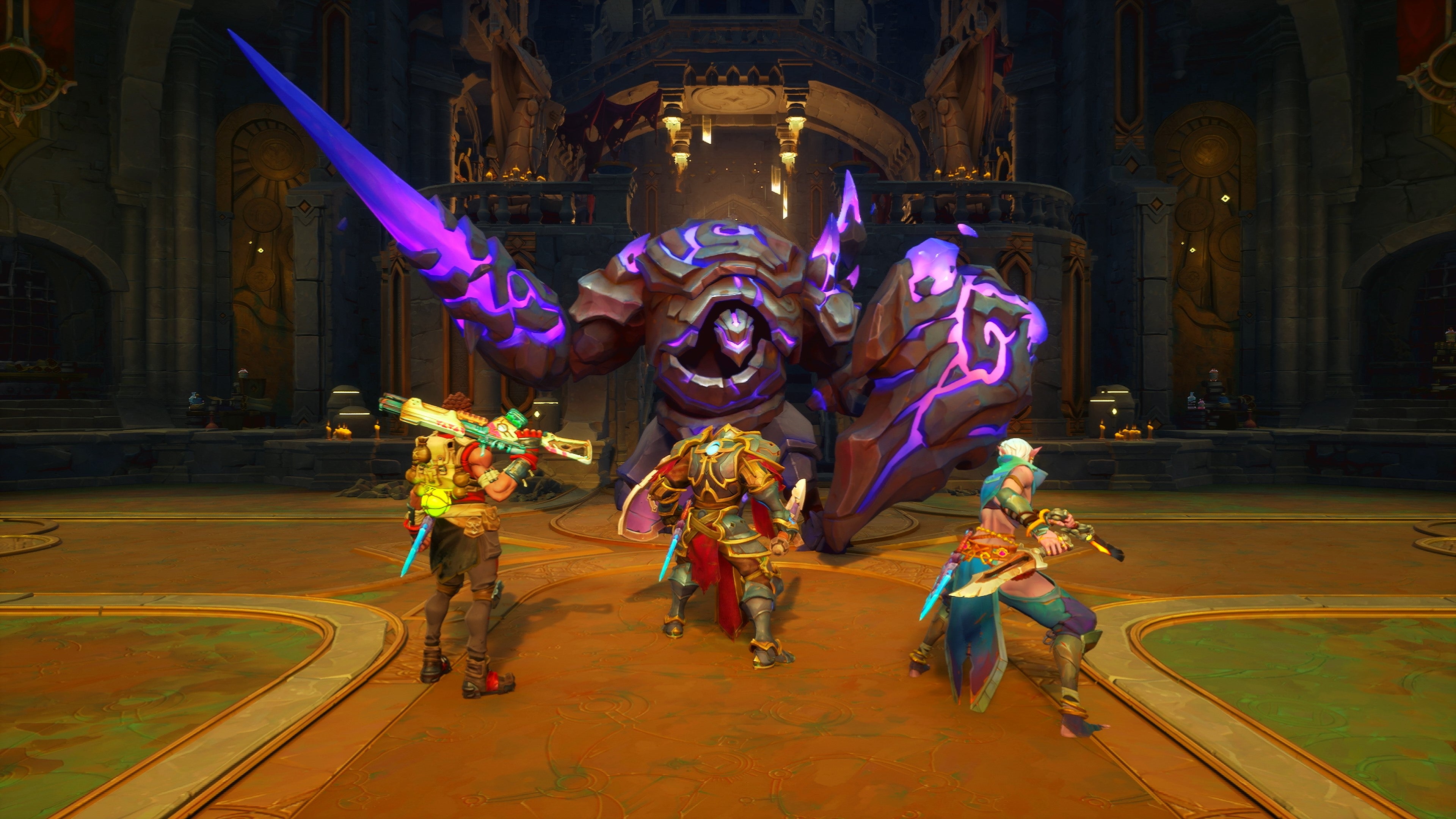 Three heroes take on a glowing purple warrior golem in Wayfinder.