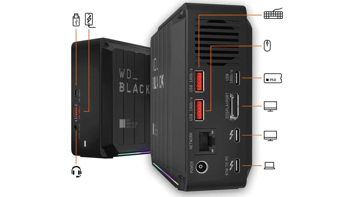 A photo of the WD D_50 Game Dock, a combined SSD and Thunderbolt hub with USB, video and audio inputs.