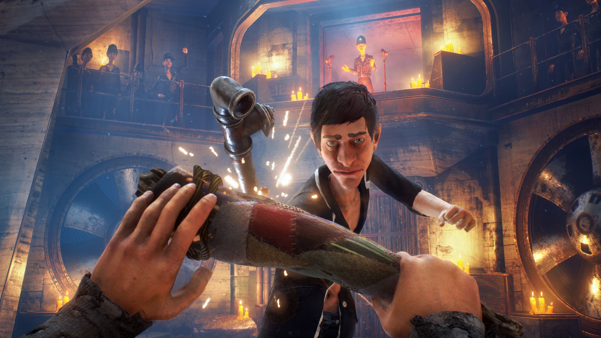 A character lunges at you with a pipe in We Happy Few.