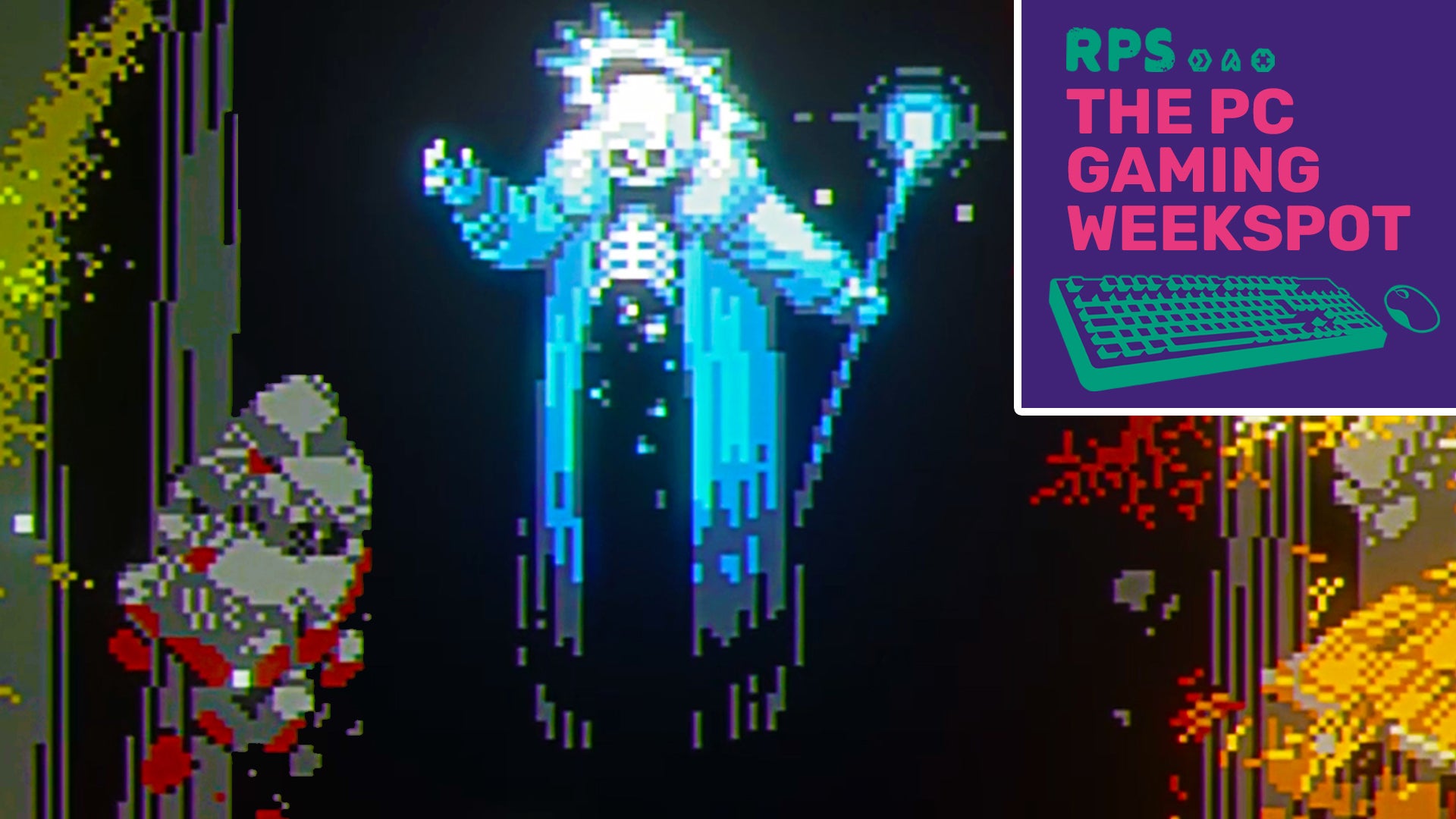 The Lich from video game Loop Hero levitating in the air, with the logo of The PC Gaming Weekspot podcast in the top right corner