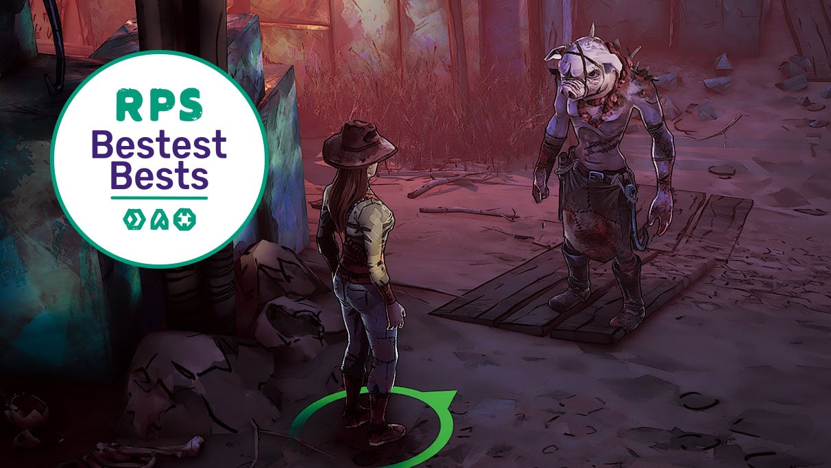 A cowboy talks to a pig man in Weird West, with the RPS Bestest Best logo in the corner