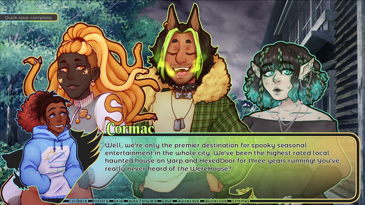 A screenshot from WereHouse, a visual novel where the monsters in a popular Halloween Haunted House turn out to be real