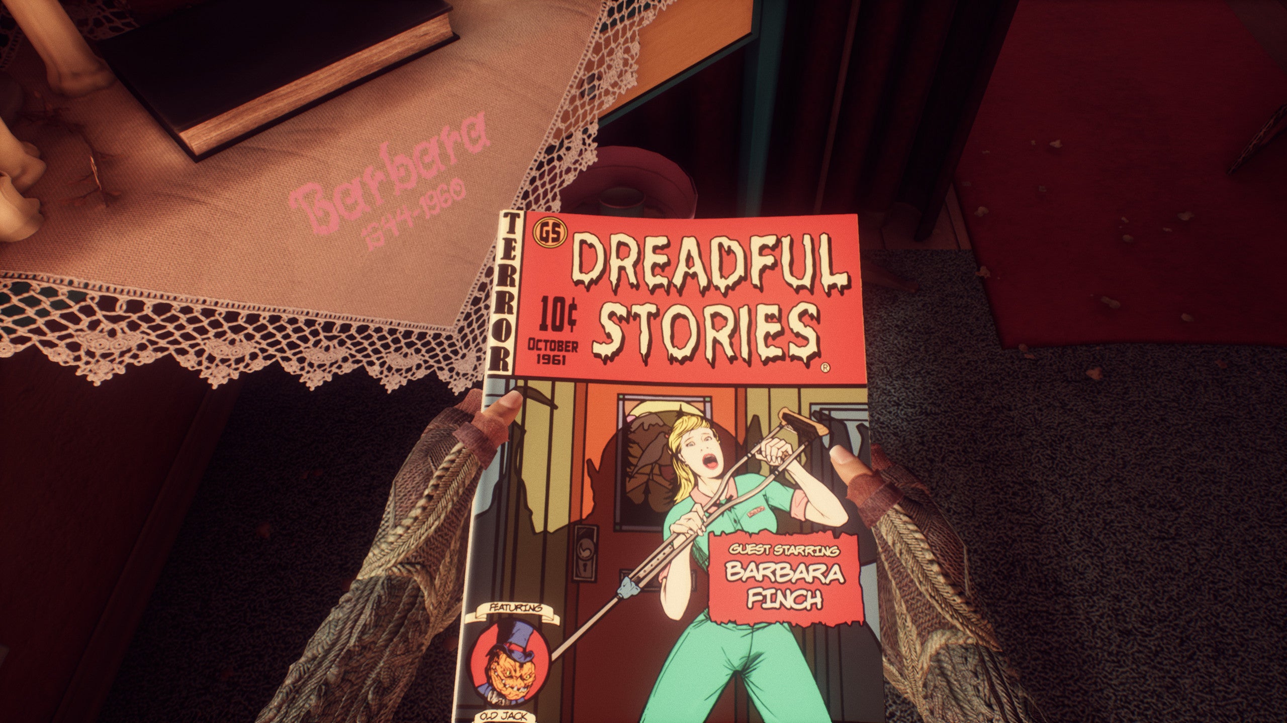 A Dreadful Stories comic book in a What Remains of Edith Finch screenshot.