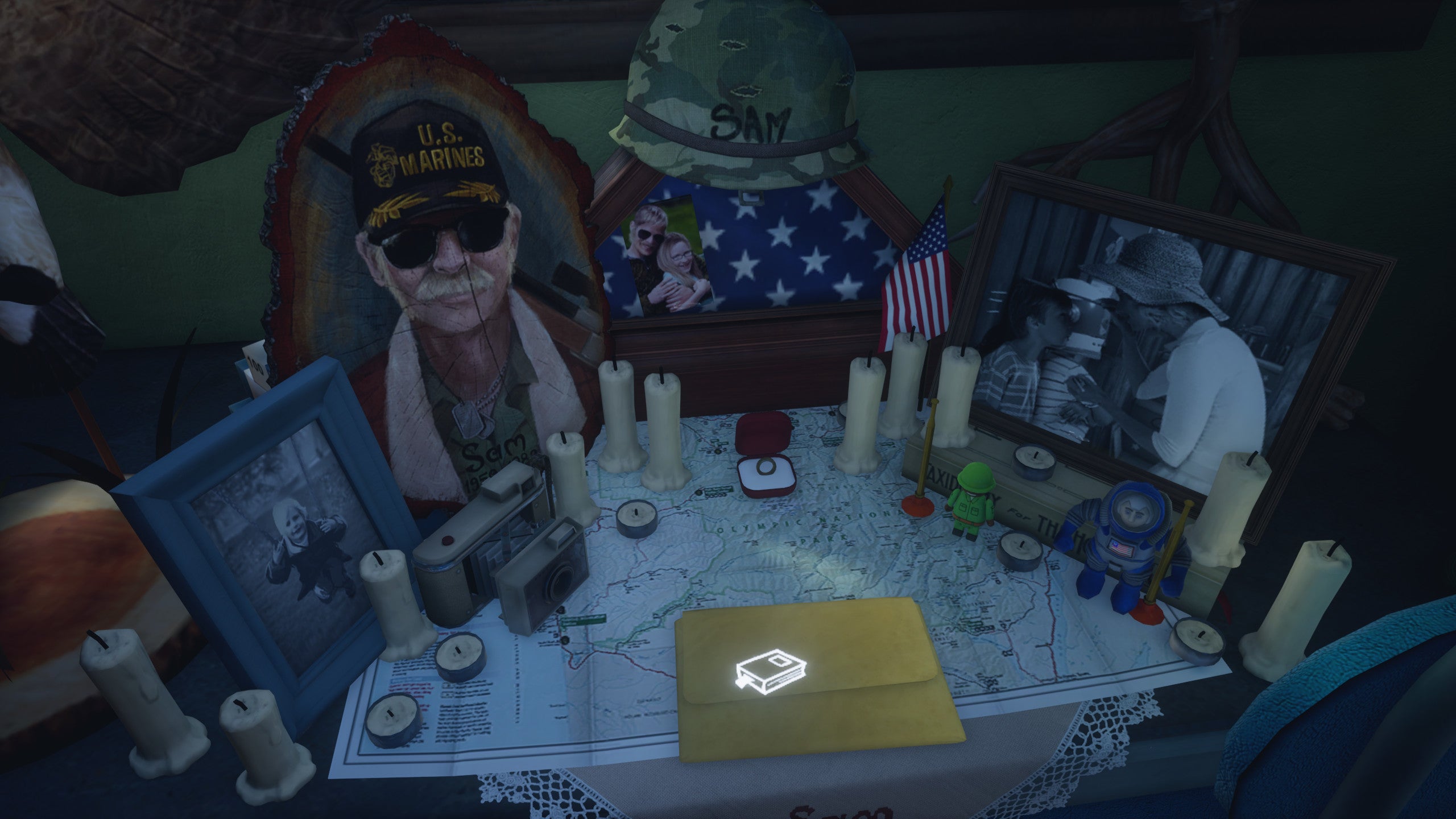 Sam Finch's shrine in a What Remains of Edith Finch screenshot.