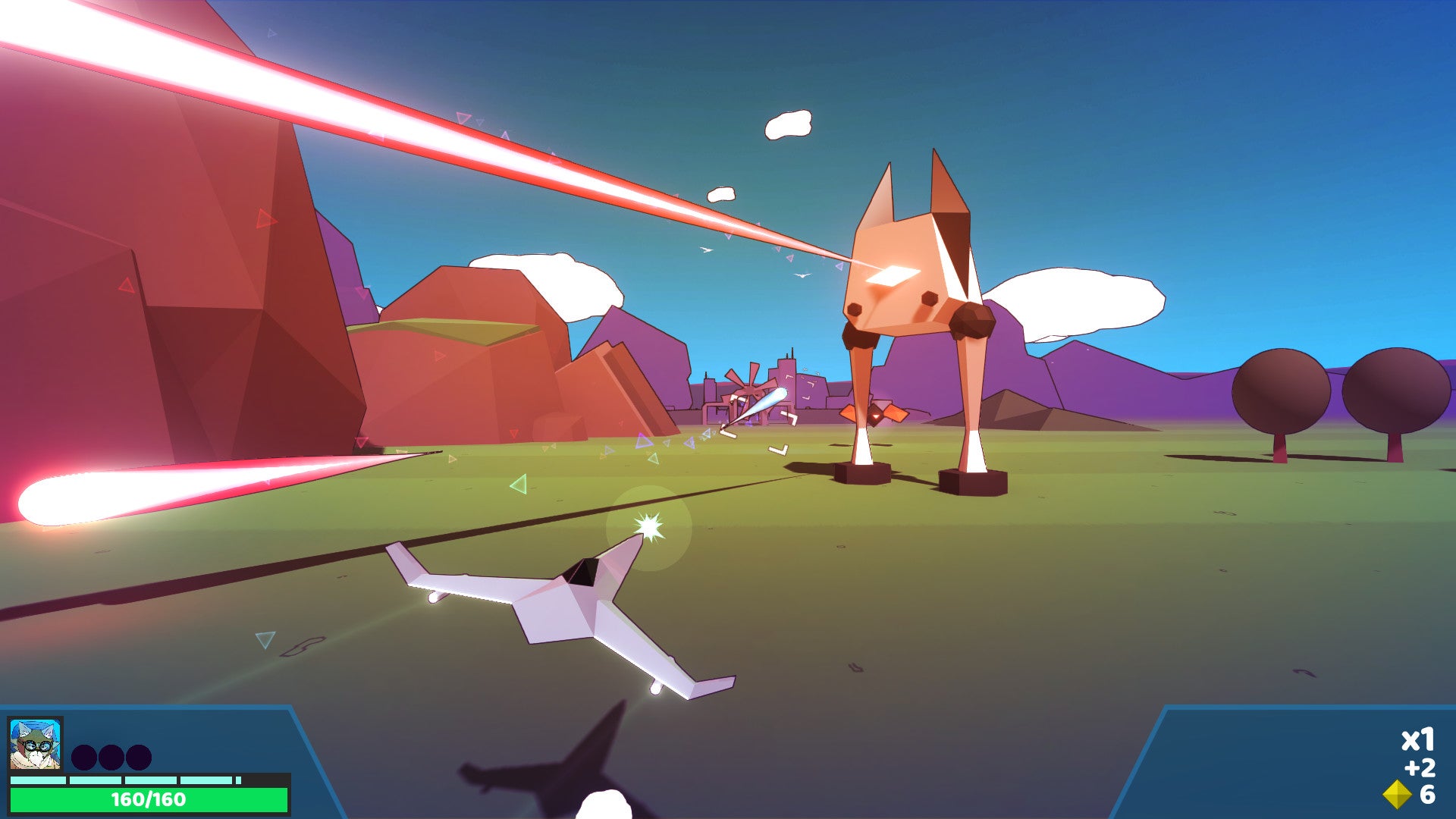 A screenshot of Whisker Squadron, showing a polygonal ship facing away from the camera in the foreground and firing lasers at a larger bipedal robot with a kitty-like head.