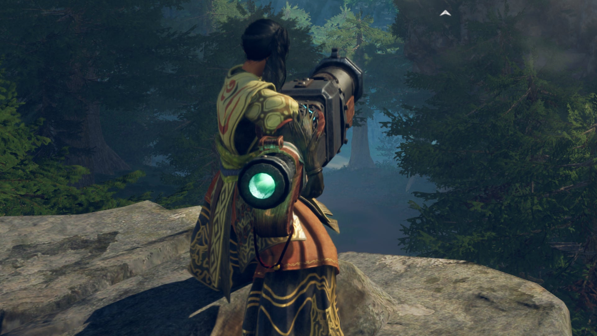 Wild Hearts image showing a player wielding the Cannon over a cliff.