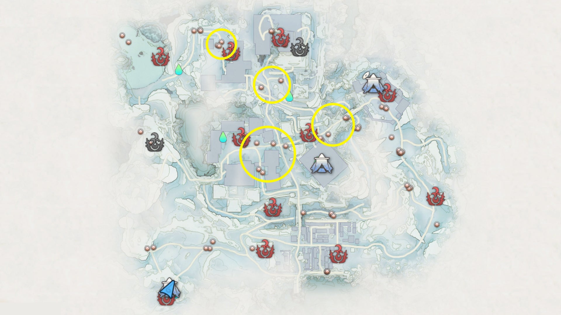 A map of Fuyufusagi Fort in Wild Hearts, with the locations of Gemcast Monkeys highlighted.