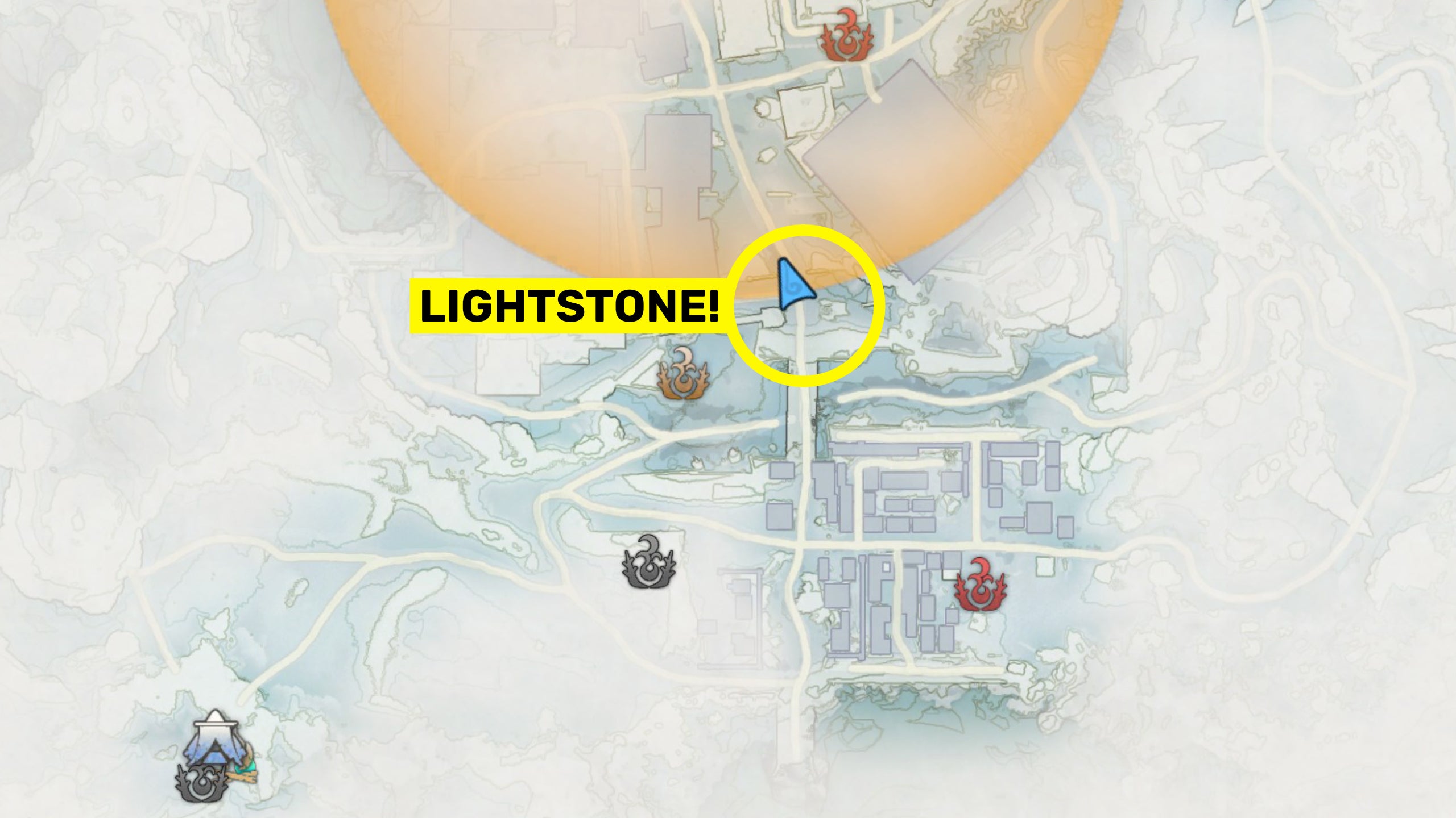 Part of the map of Fuyufusagi Fort in Wild Hearts, with the location of some Lightstone marked.