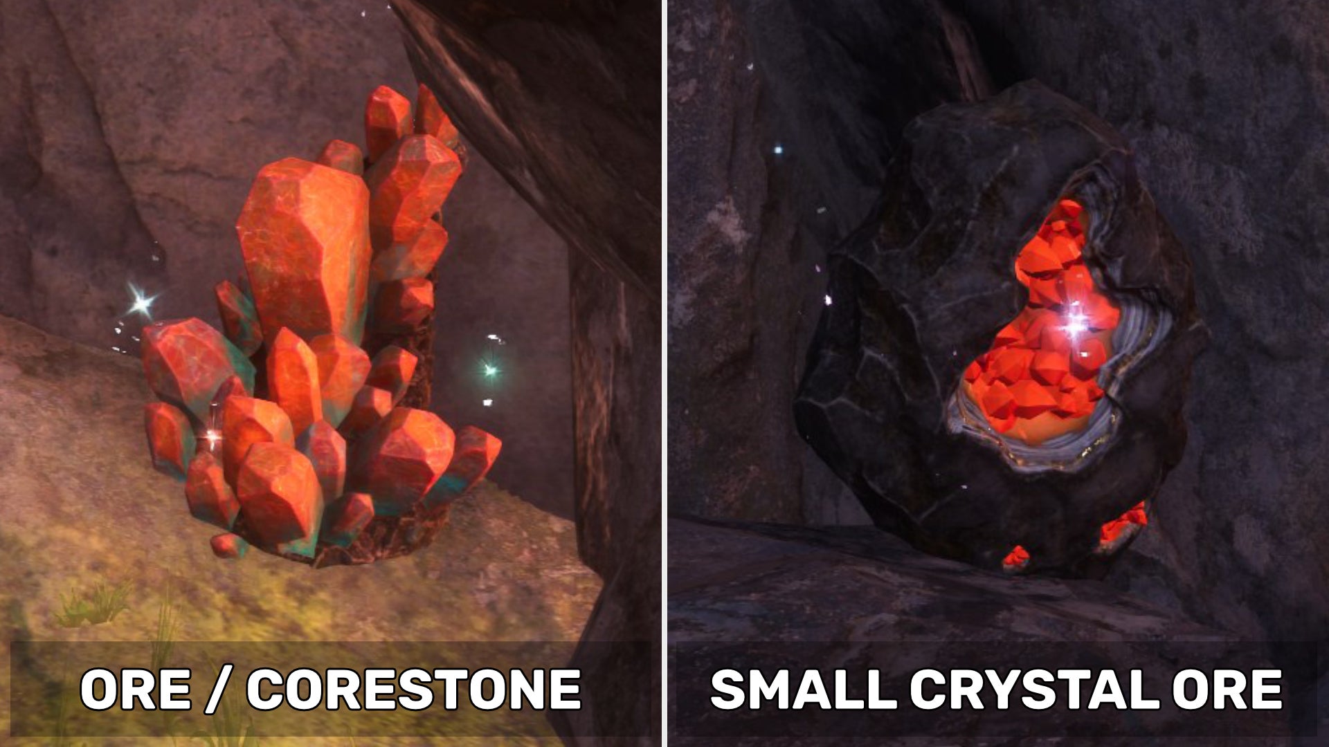 Two types of ore collectible in Wild Hearts. Left: a spiky orange ore outcrop from which you can get Ore or Corestone. Right: a smoother rock from which you can get Small Crystal Ore.