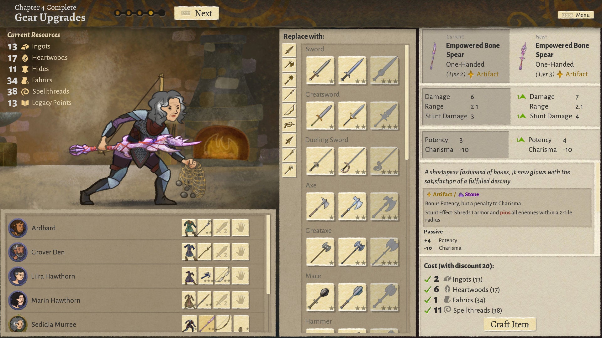 The crafting system in a Wildermyth screenshot.