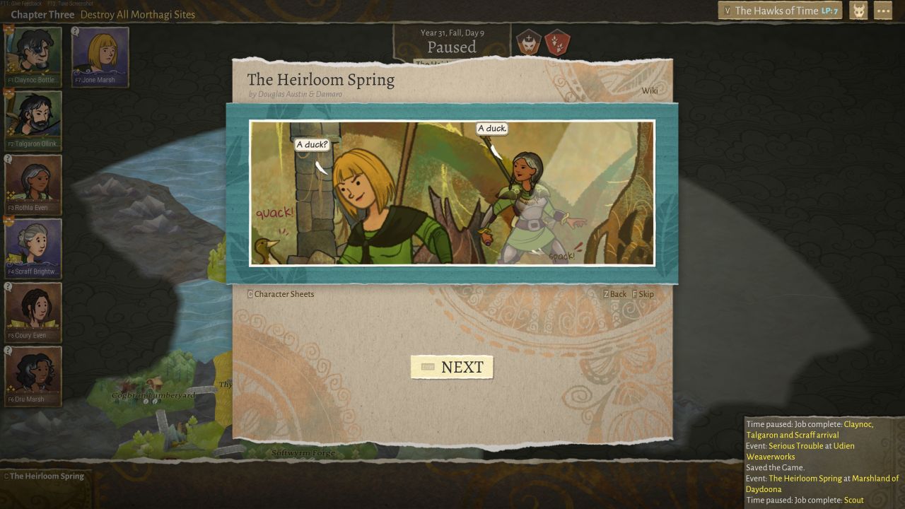A screen of a story beat in Wildermyth showing two party members discussing a duck