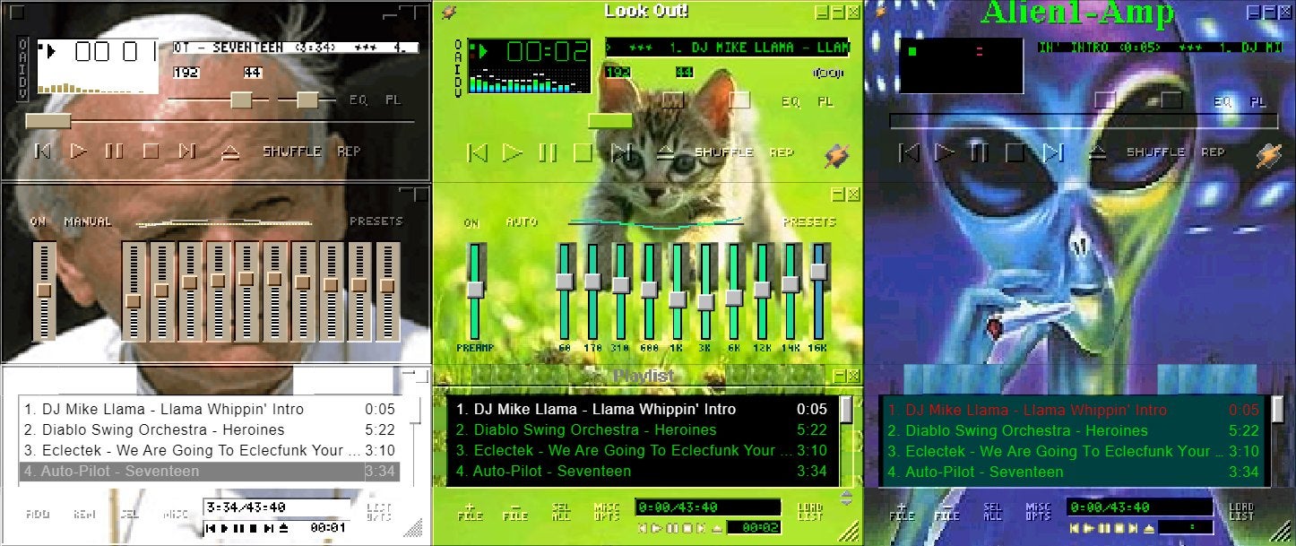 A screenshot of several Winamp skins: the Pope, a kitten in a field, and an alien smoking weed.